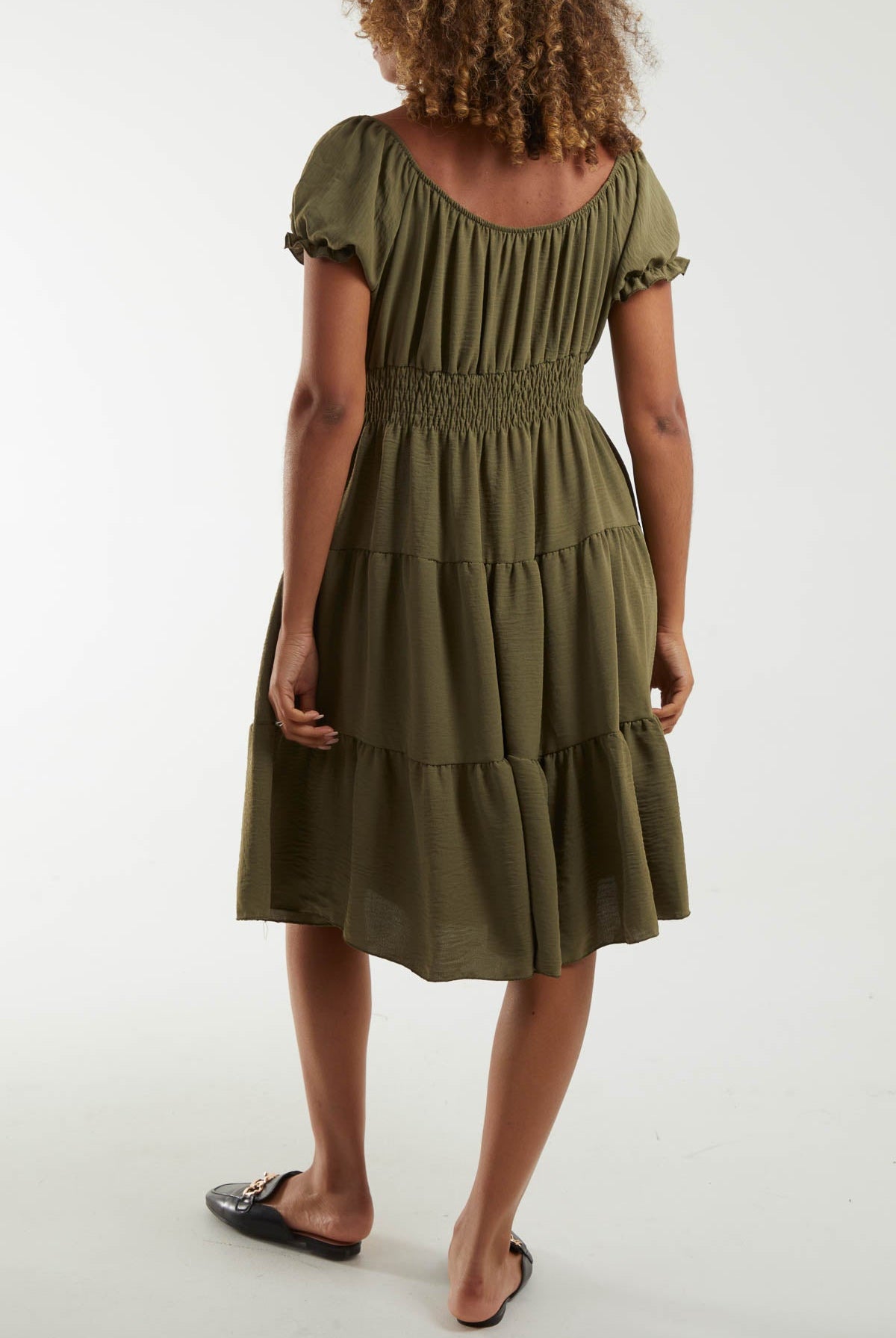 Bardot Shirred Bodice Tiered Dress Dresses WearAll