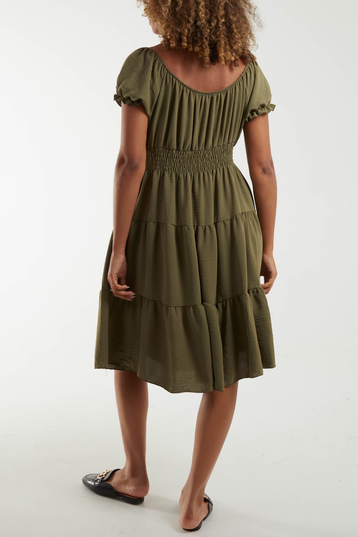 Bardot Shirred Bodice Tiered Dress Dresses WearAll