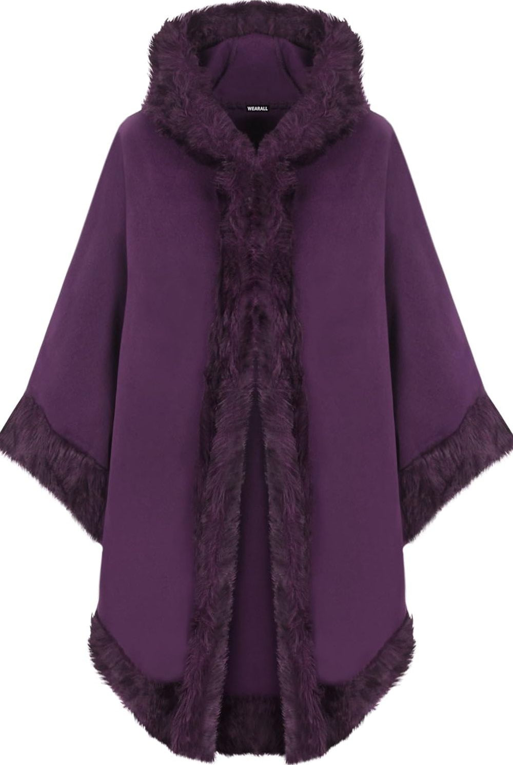 Faux Fur Trim Hood Cape Tops WearAll Purple One Size