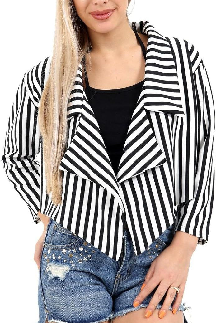 Plus Size Cropped Waterfall Blazer Striped Print Tops WearAll Black White 16-18