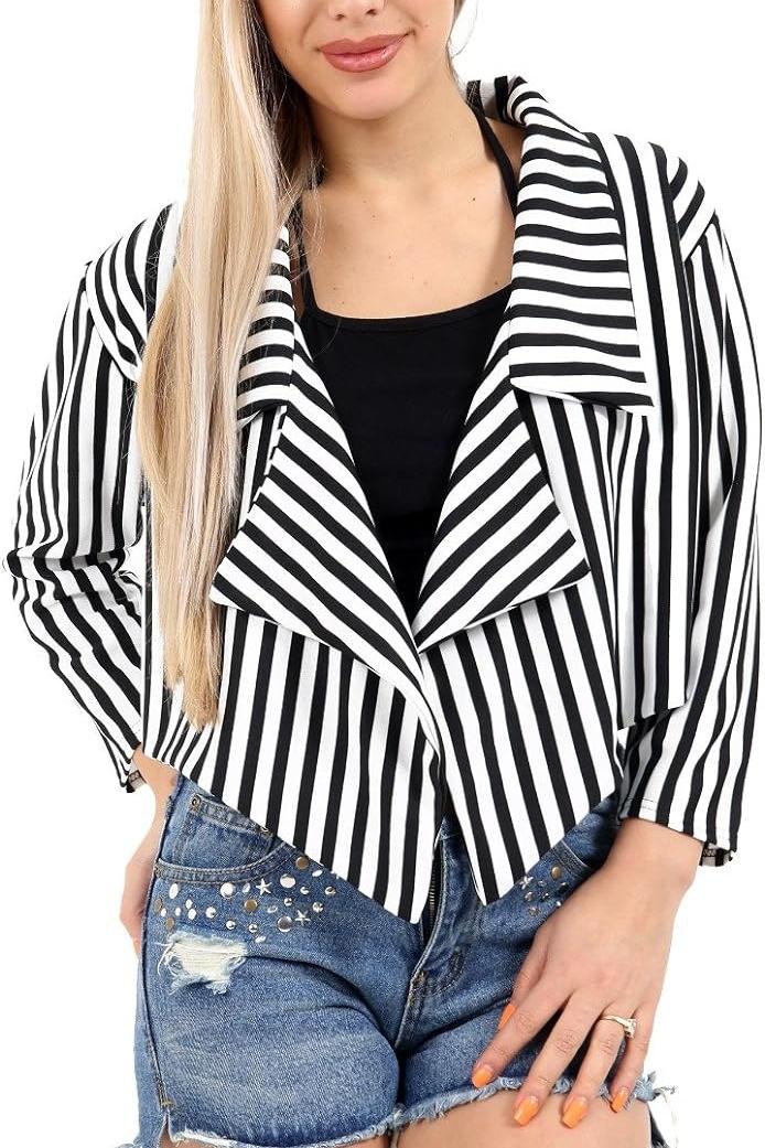 Plus Size Cropped Waterfall Blazer Striped Print Tops WearAll Black White 16-18