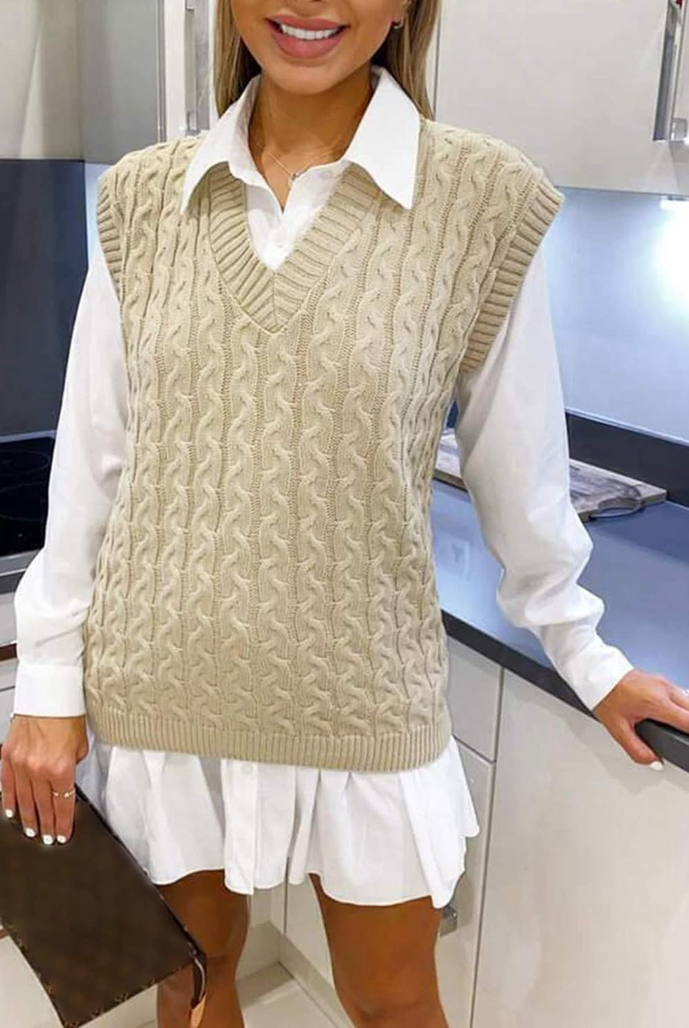 Plus Size Cable Knit Tank Top Jumper WearAll Stone 20-22