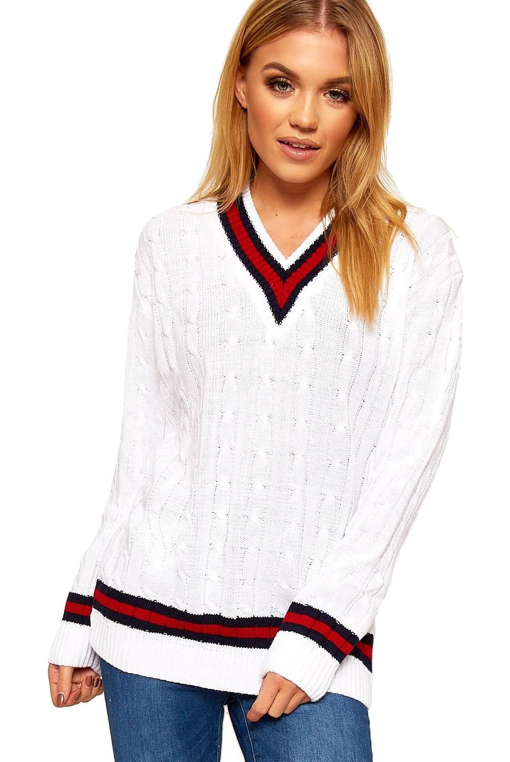 Knitted Cable Cricket Jumper Long Top Tops WearAll White 8-10