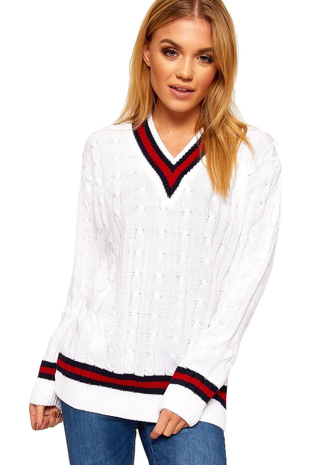 Knitted Cable Cricket Jumper Long Top Tops WearAll White 8-10