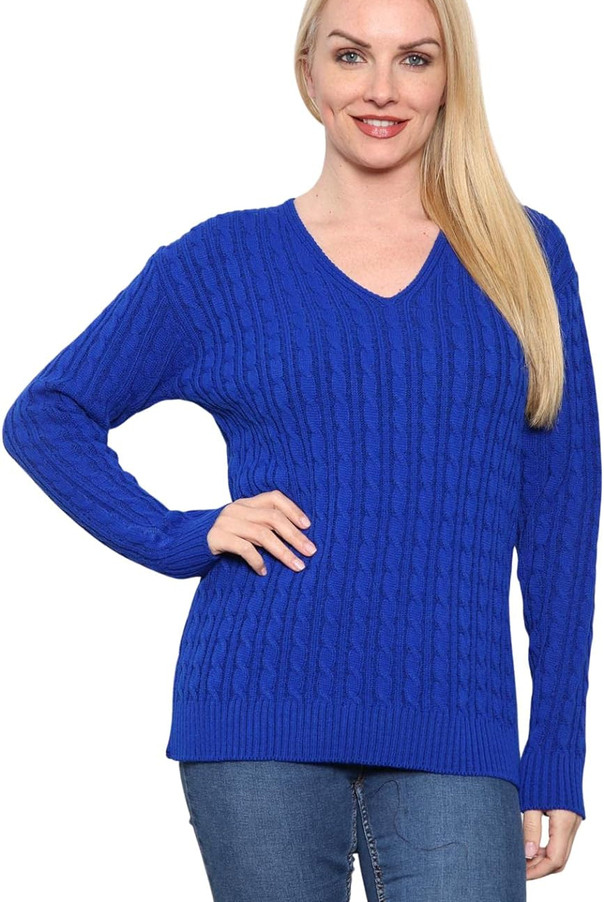 Cable Knitted V-Neck Sweater Top Tops WearAll Royal Blue 12-14