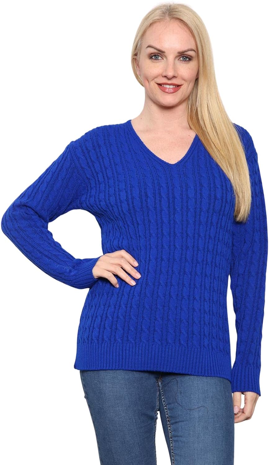 Cable Knitted V-Neck Sweater Top Tops WearAll Royal Blue 12-14
