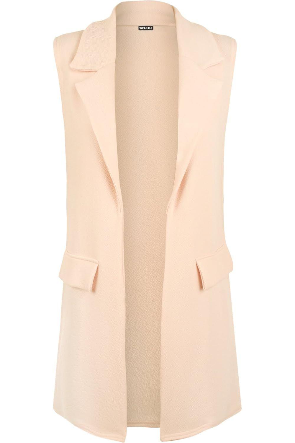 Plus Size Crepe Open Long Waistcoat Pocket Top cardigan WearAll Nude 16