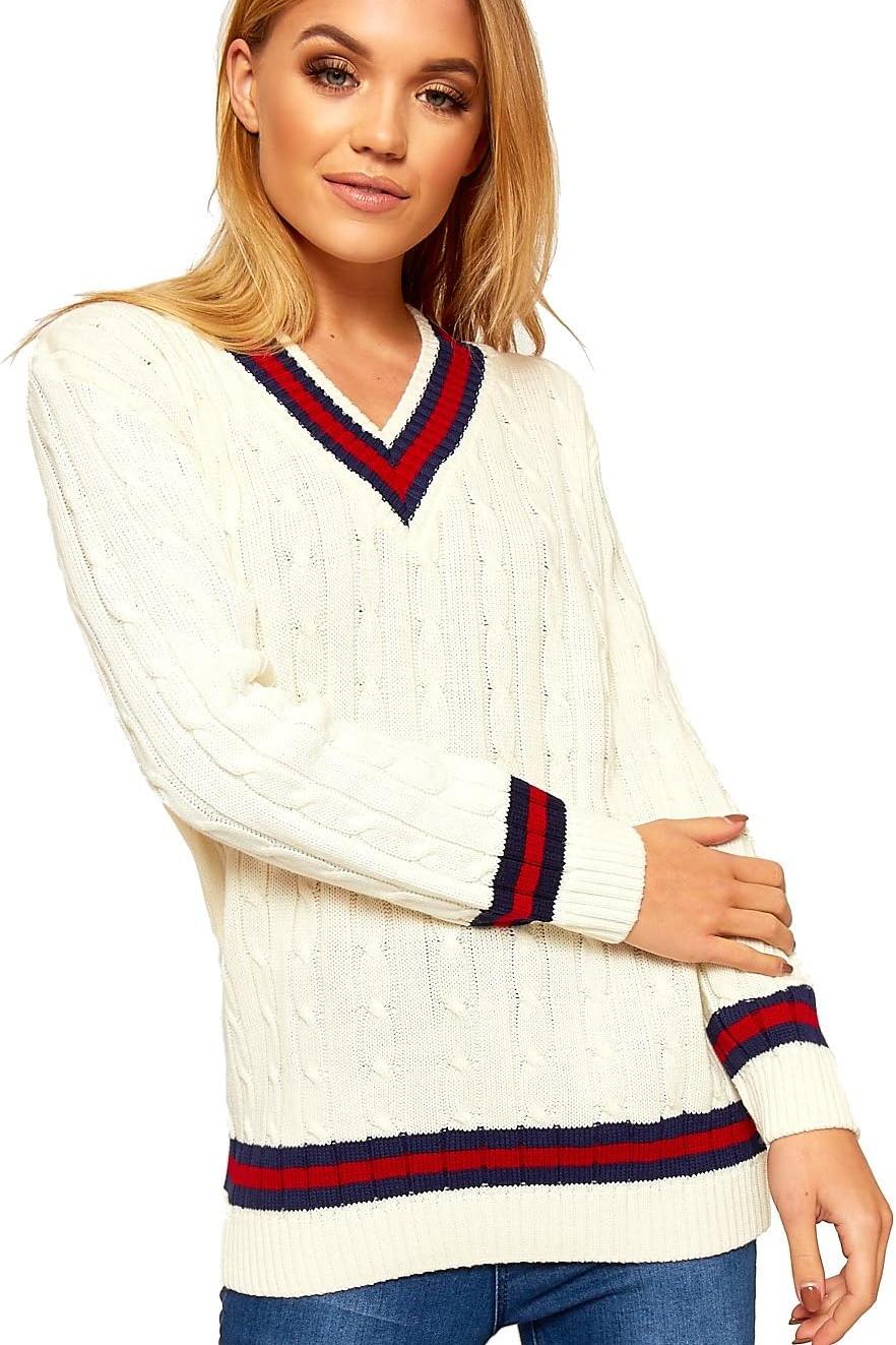 Cable Knitted Cricket Stripe Jumper Jumper WearAll Cream 16-18