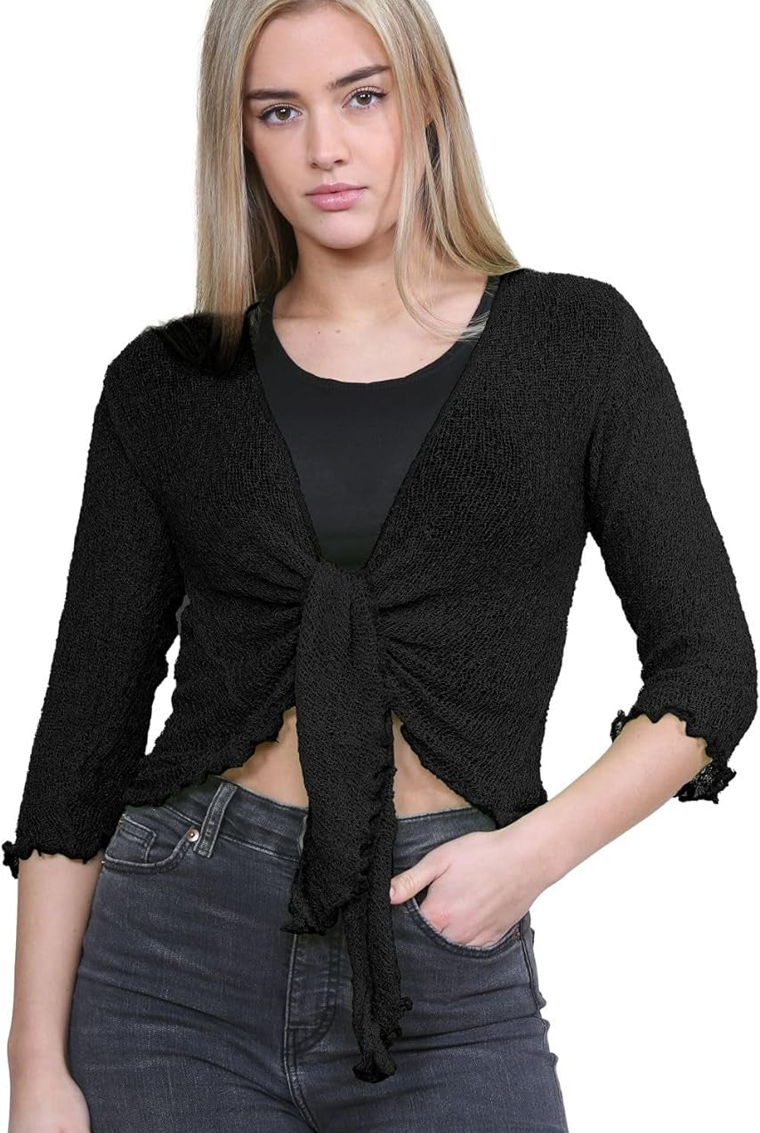 Tie Up Knitted Cropped Bolero Shrug Shrugs WearAll Black One Size (8-14)