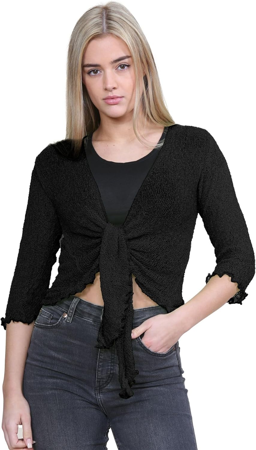 Tie Up Knitted Cropped Bolero Shrug Shrugs WearAll Black One Size (8-14)