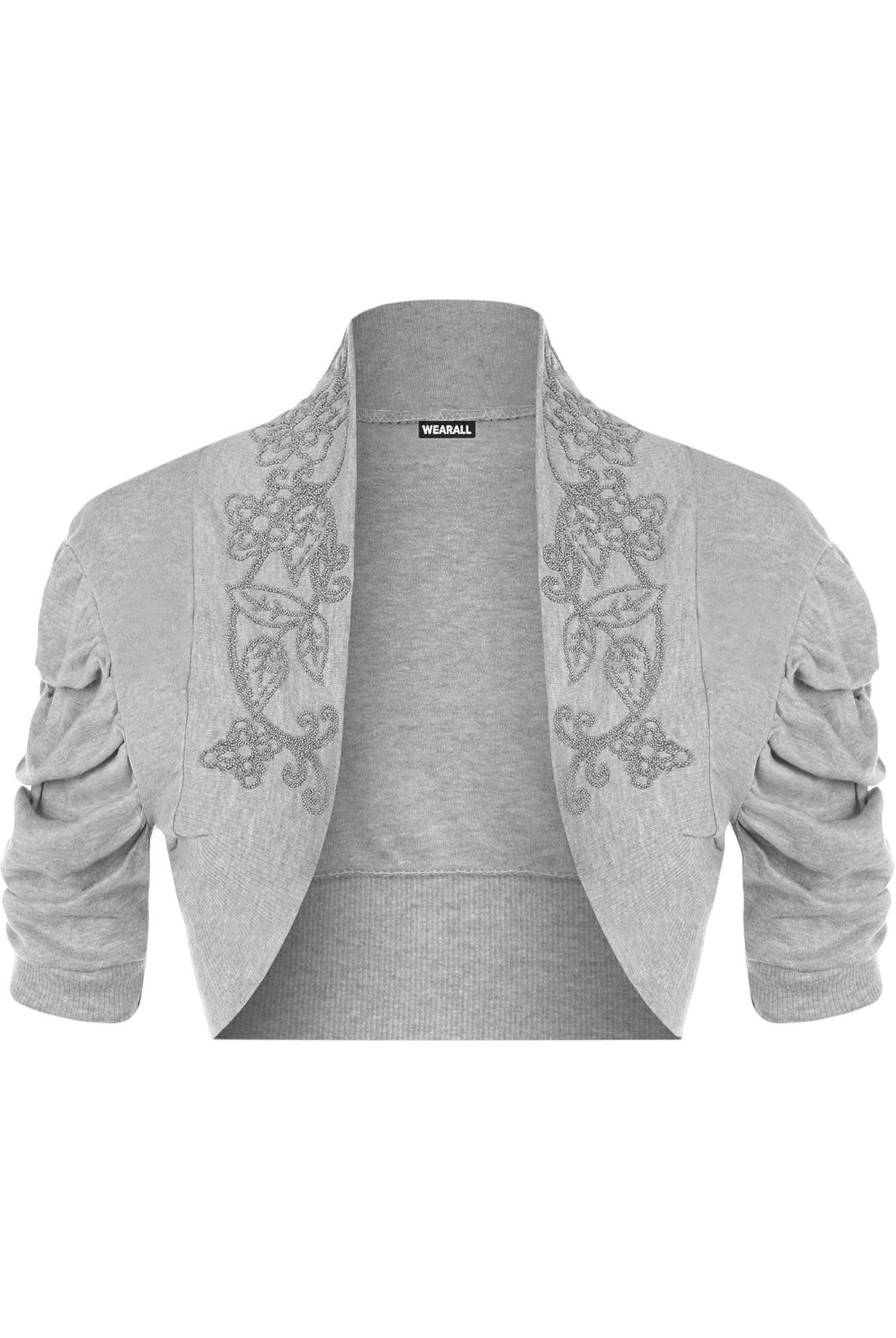 Puff Sleeve Beaded Shrug Tops WearAll Grey 8-10