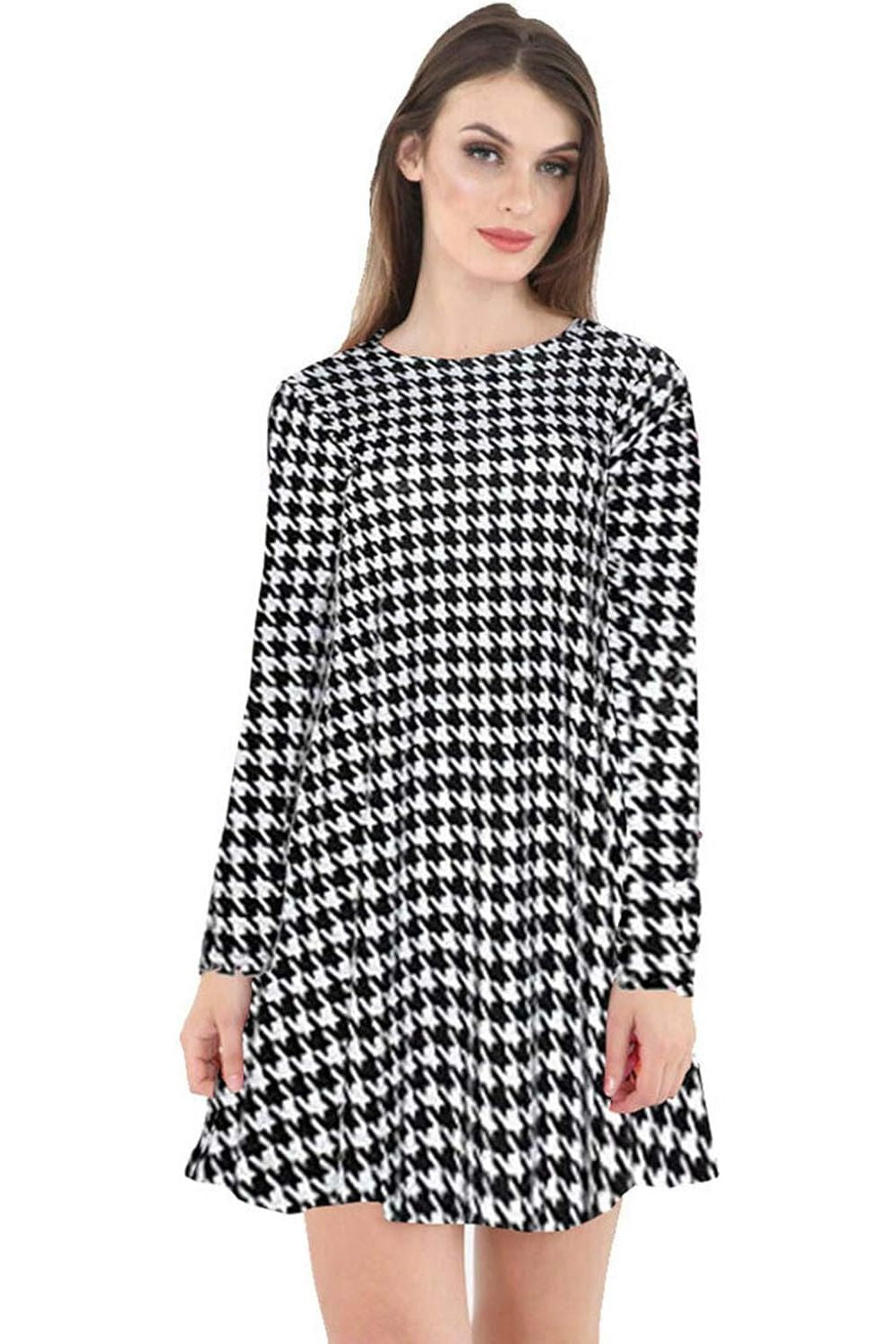 Plus Size Dog Tooth Print Long Sleeve Swing Dress Top Dress WearAll Dog Tooth 16-18