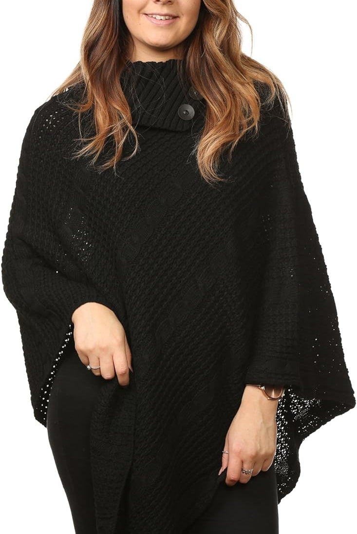 Button Knitted Poncho Knitted Jumper WearAll Black One Size (8-16)