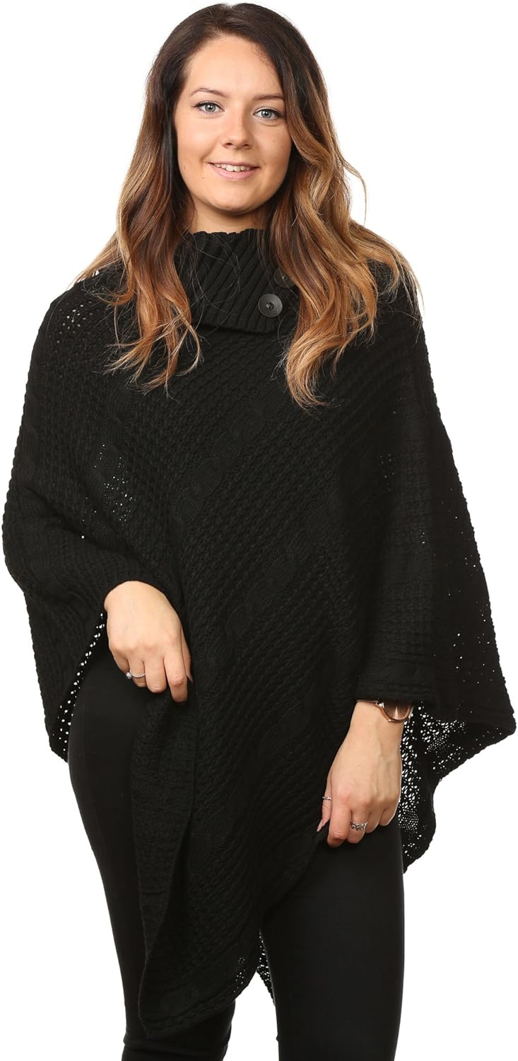 Button Knitted Poncho Knitted Jumper WearAll Black One Size (8-16)
