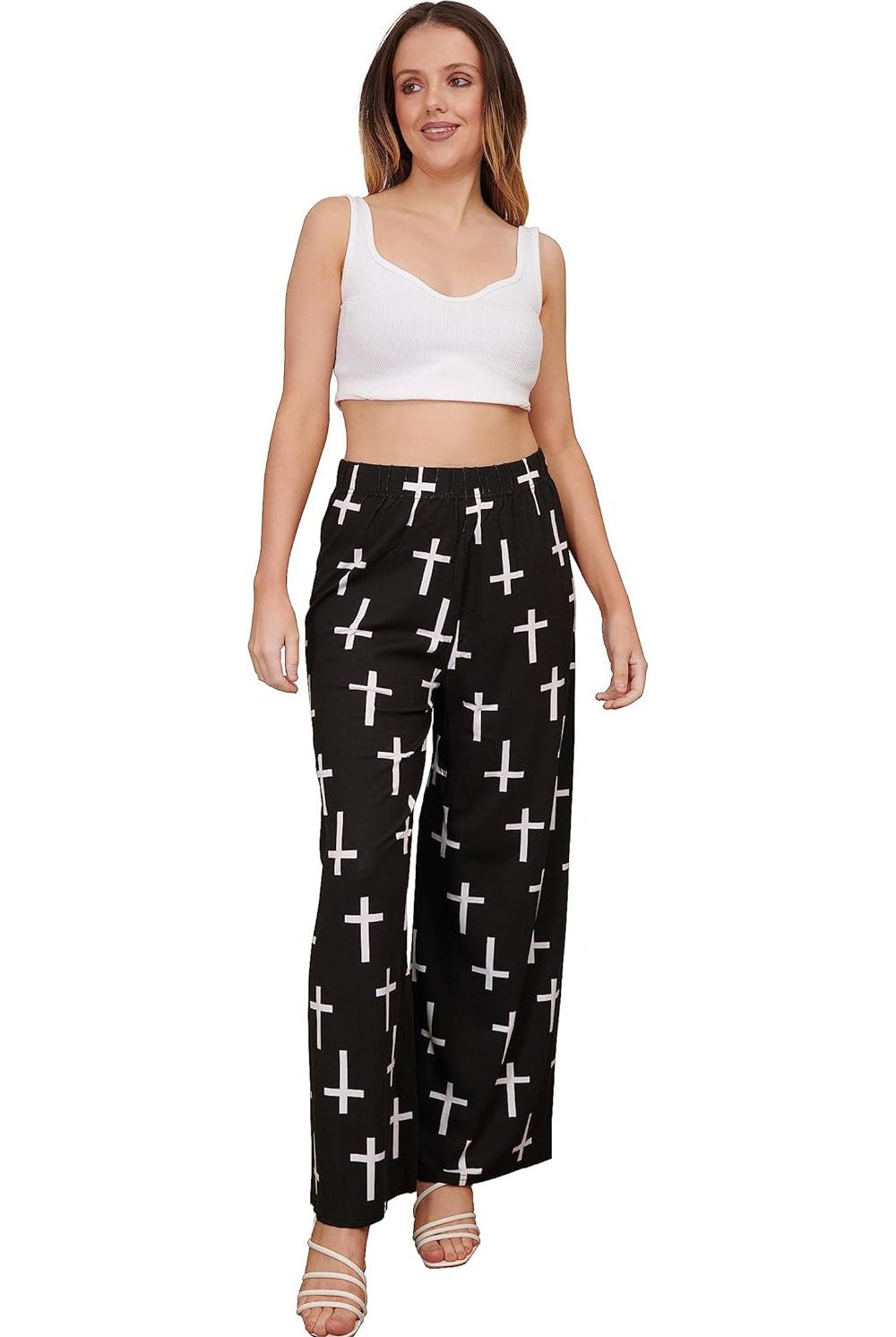 Black Cross Print Palazzo Trouser Palazzo WearAll Black Cross 8-10