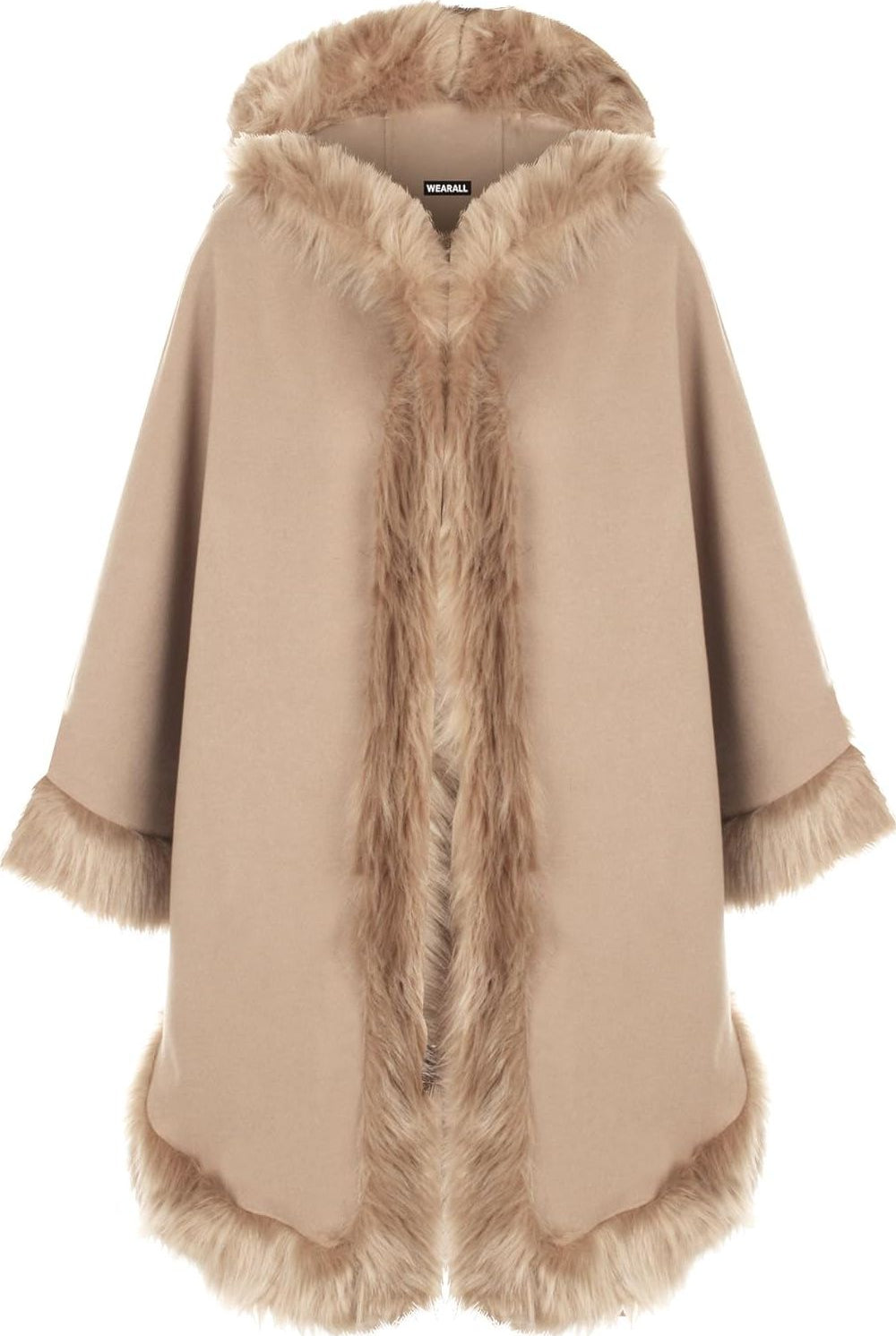 Faux Fur Trim Hood Cape Tops WearAll Stone One Size