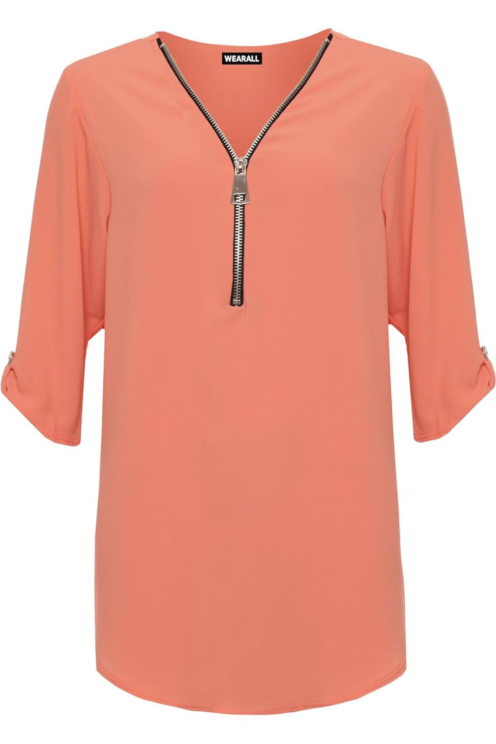 Curved Hem Crepe Top 3/4 Sleeve Plain Tops WearAll Coral 14
