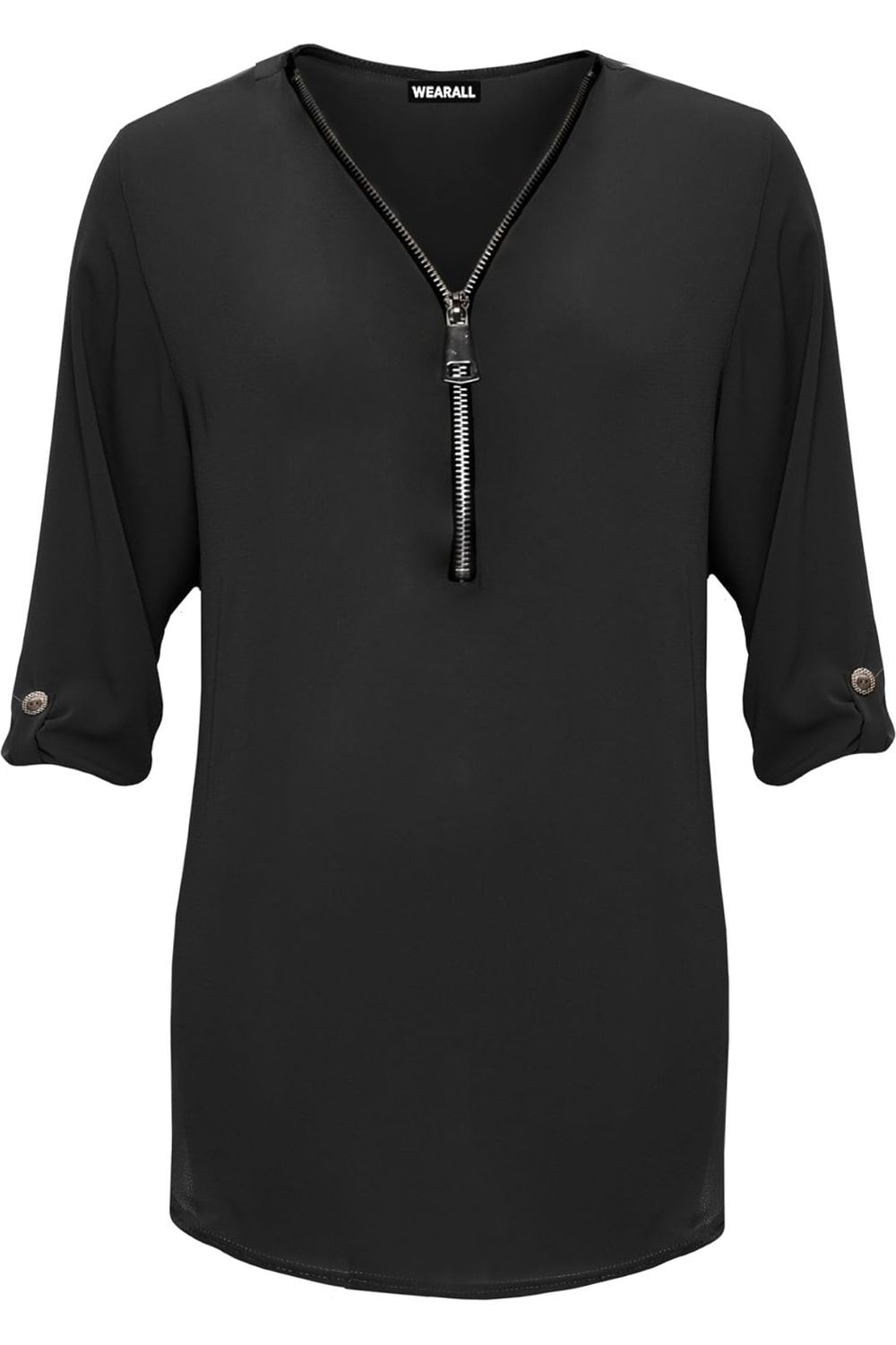 Curved Hem Crepe Top 3/4 Sleeve Plain Tops WearAll Black 14