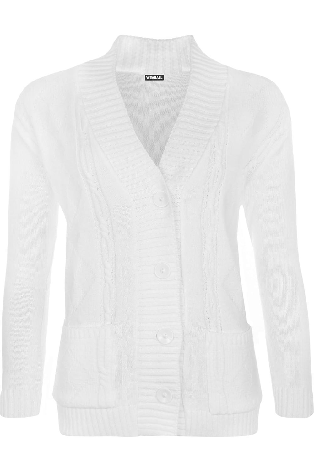 Plus Size Button Long Sleeve Pocket Knitted Cardigan Knitted Cardigan WearAll White 14-16