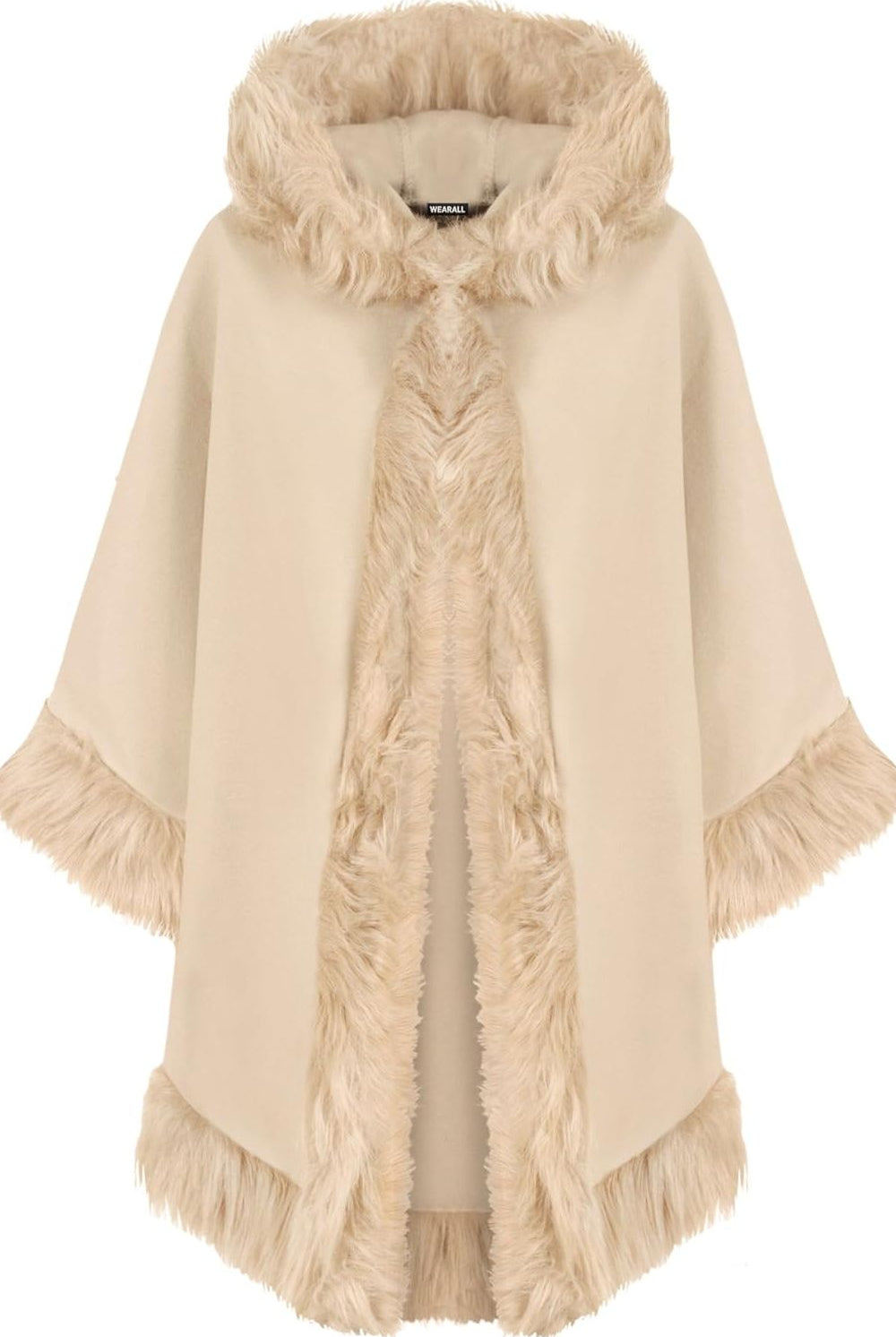 Faux Fur Trim Hood Cape Tops WearAll Beige One Size