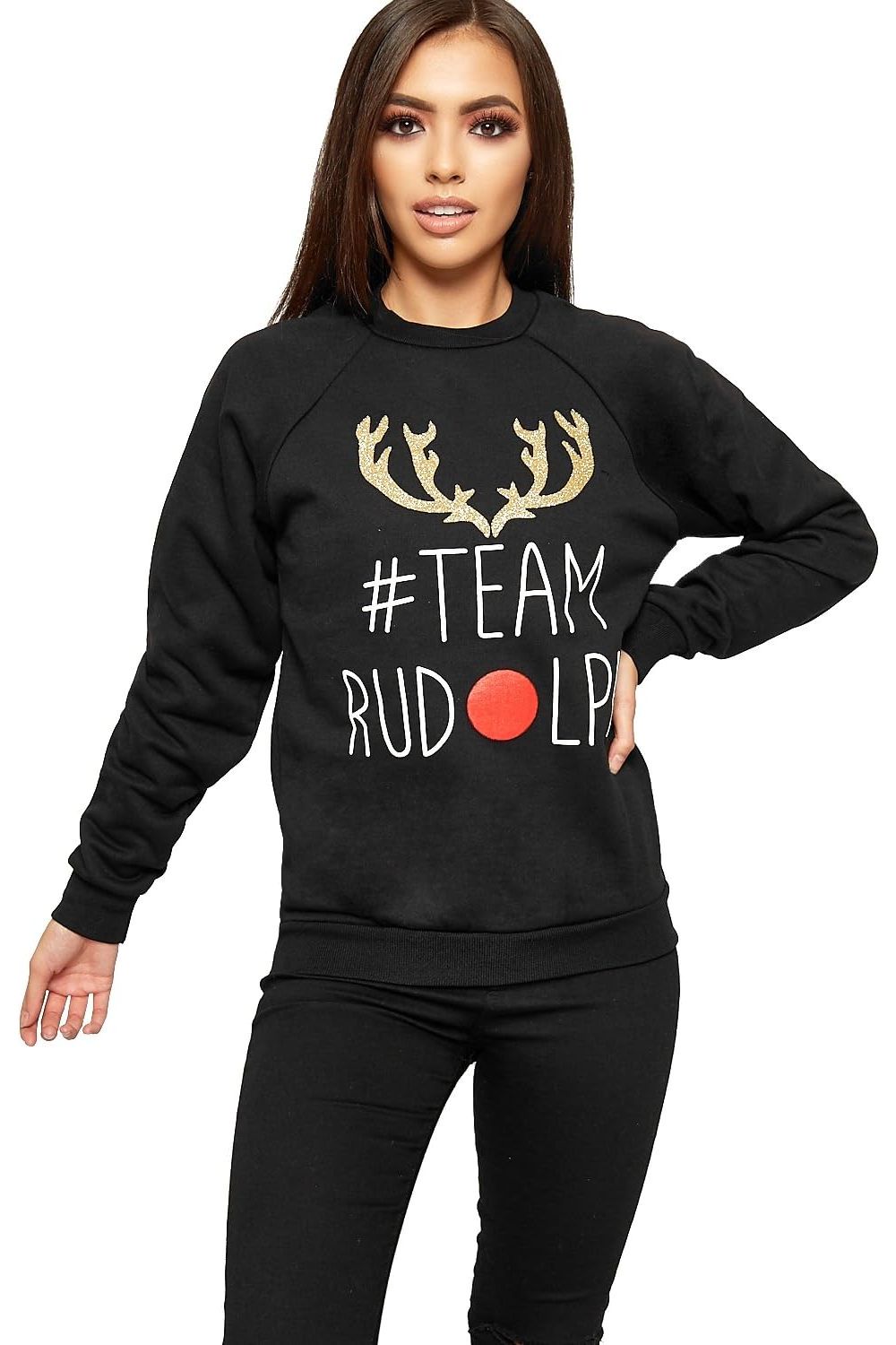 Slogan Hashtag Reindeer Sweatshirt Tops WearAll Black 8-10