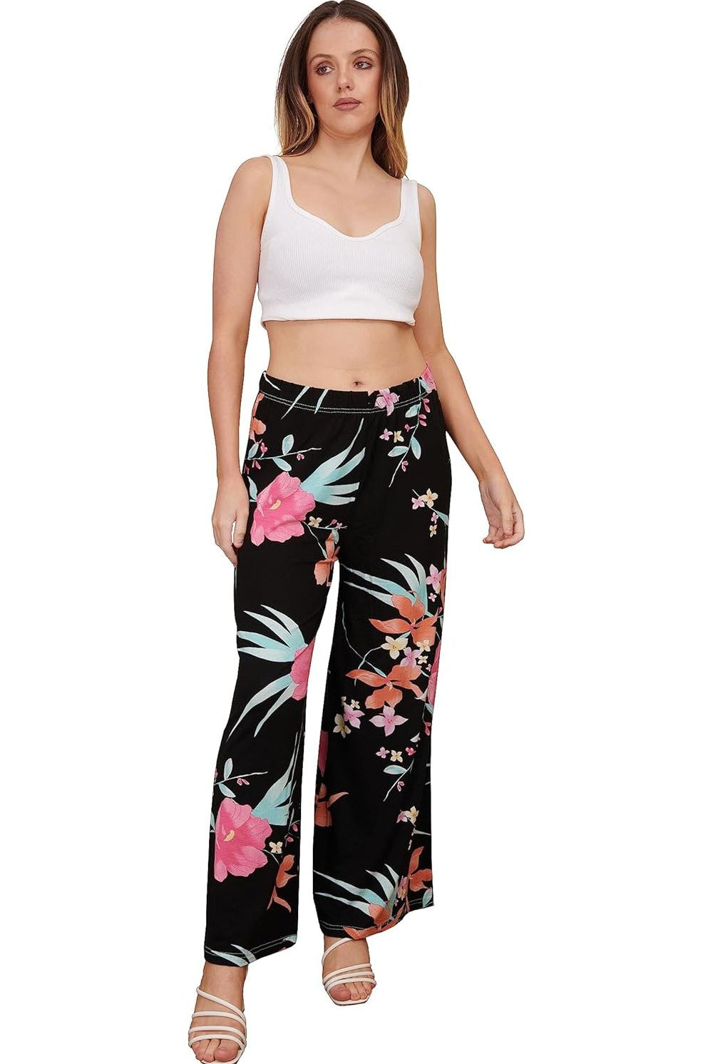 Cerise Aqua Floral Print Palazzo Trouser Palazzo WearAll Black 12-14