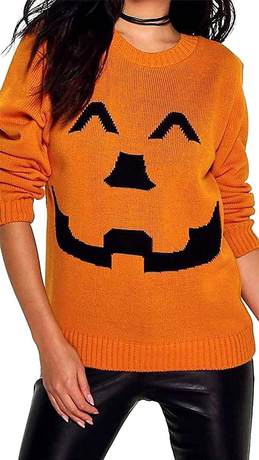 Knitted Halloween Winking Pumpkin Print Jumper Jumper WearAll Orange 8-10