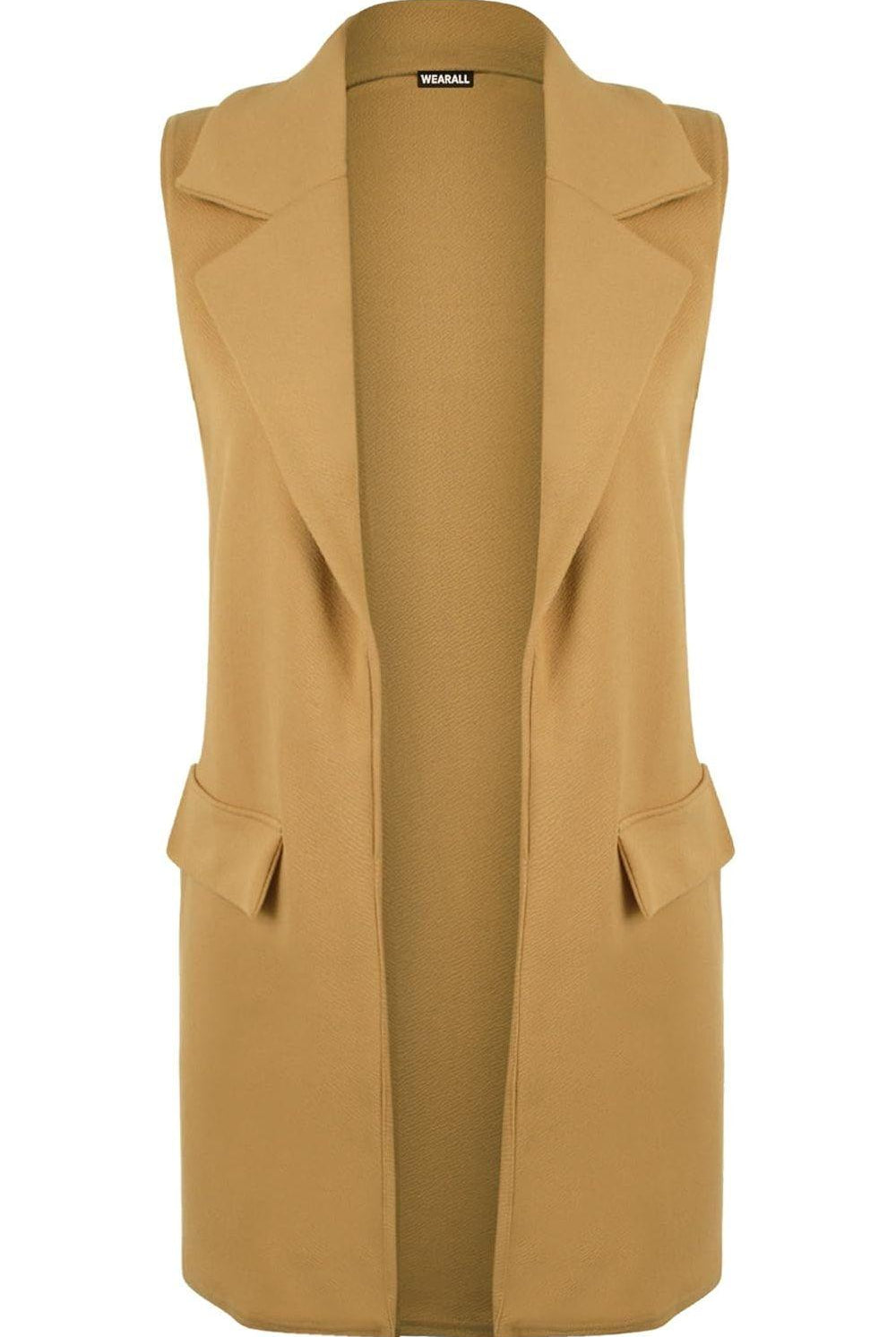Plus Size Crepe Open Long Waistcoat Pocket Top cardigan WearAll Camel 16