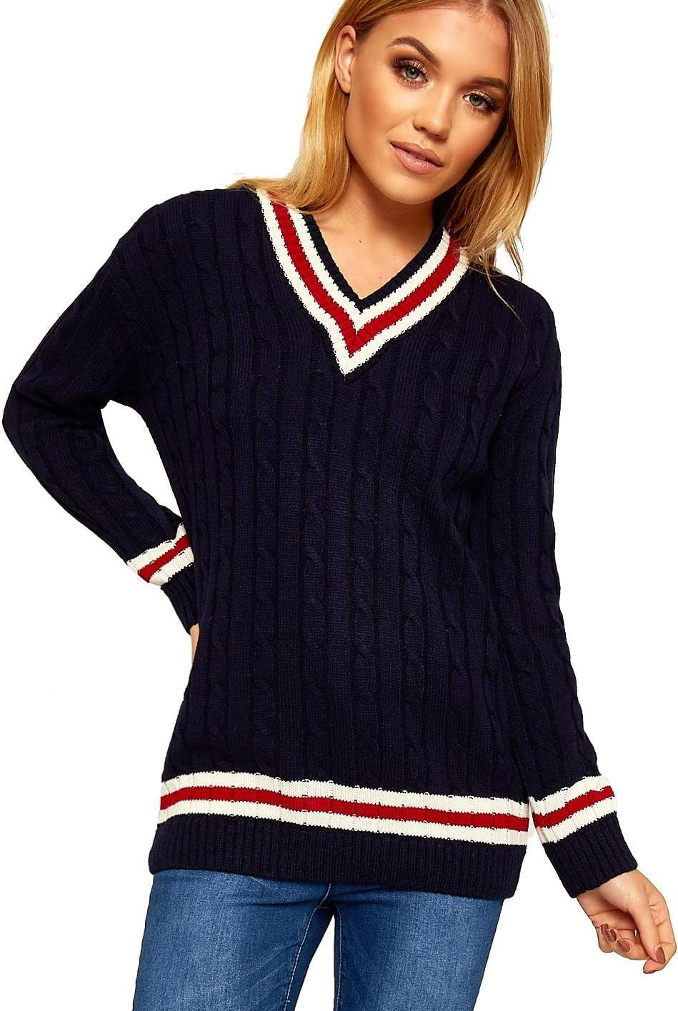 Cable Knitted Cricket Stripe Jumper Jumper WearAll Navy Blue 16-18