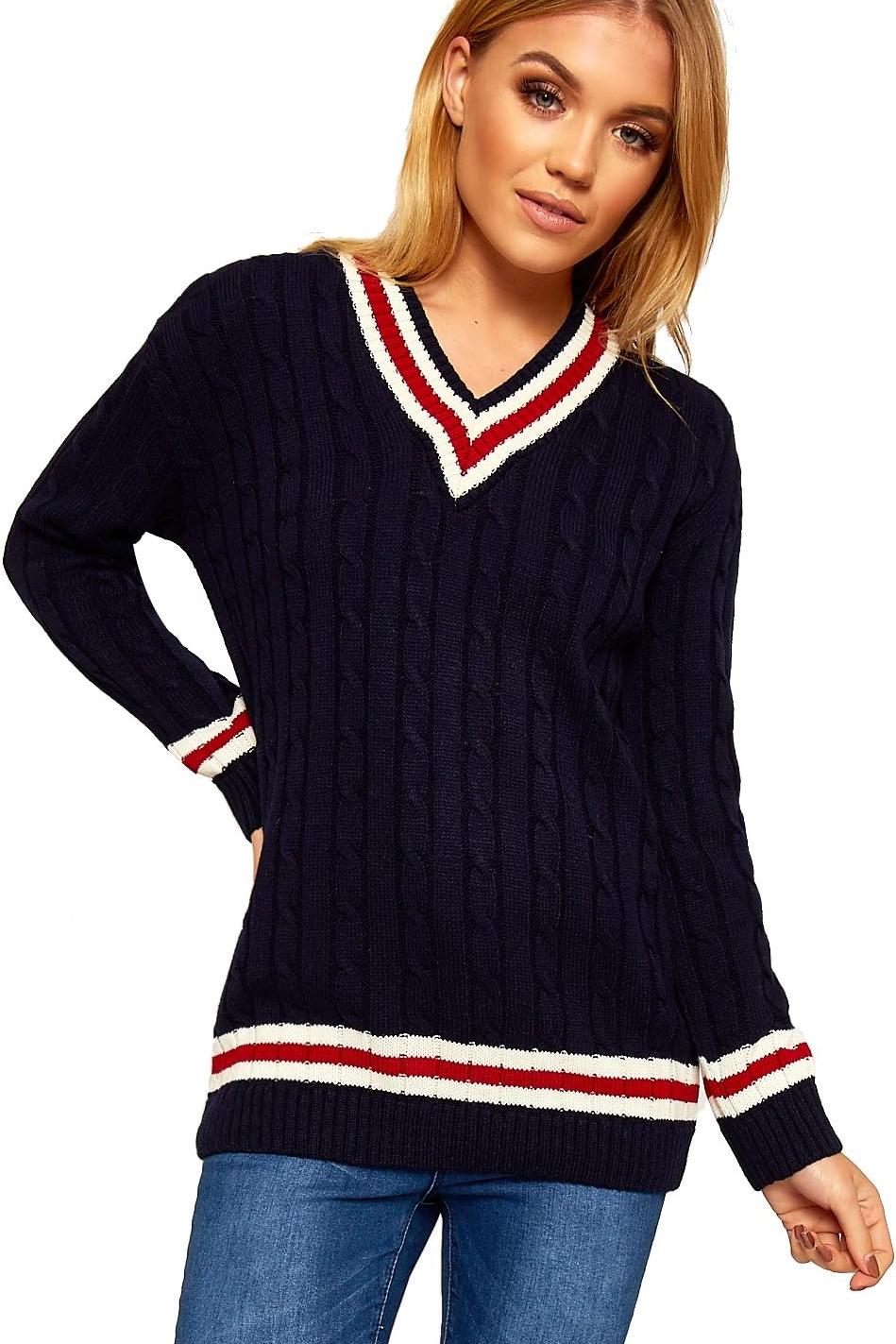 Cable Knitted Cricket Stripe Jumper Jumper WearAll Navy Blue 16-18