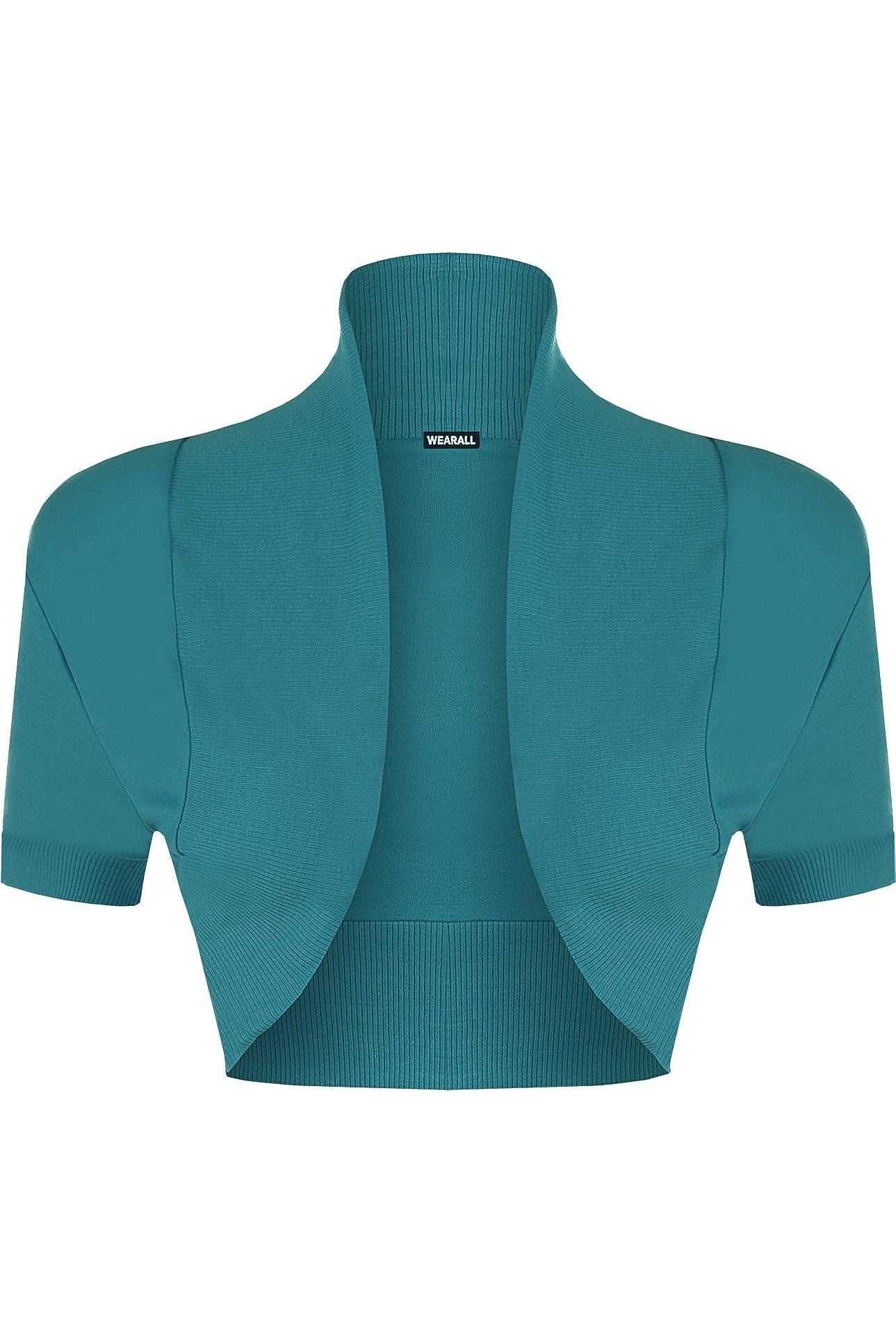 Short Sleeve Ribbed Bolero Shrug Tops WearAll Teal 8-10