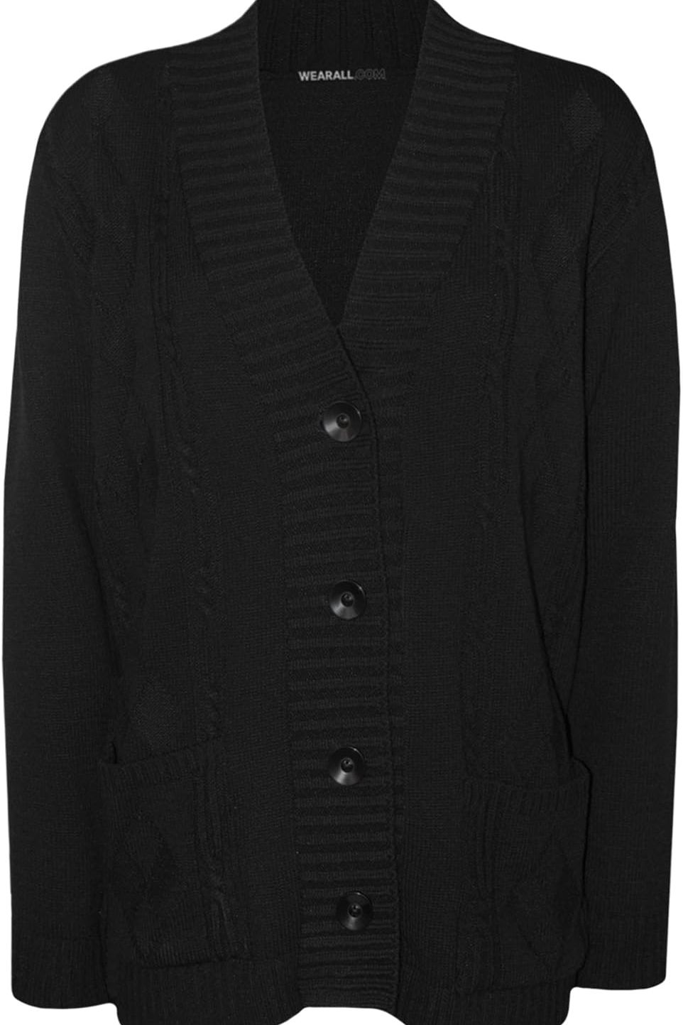 Button Long Sleeve Pocket Knitted Cardigan Knitted Cardigan WearAll Black 8-10