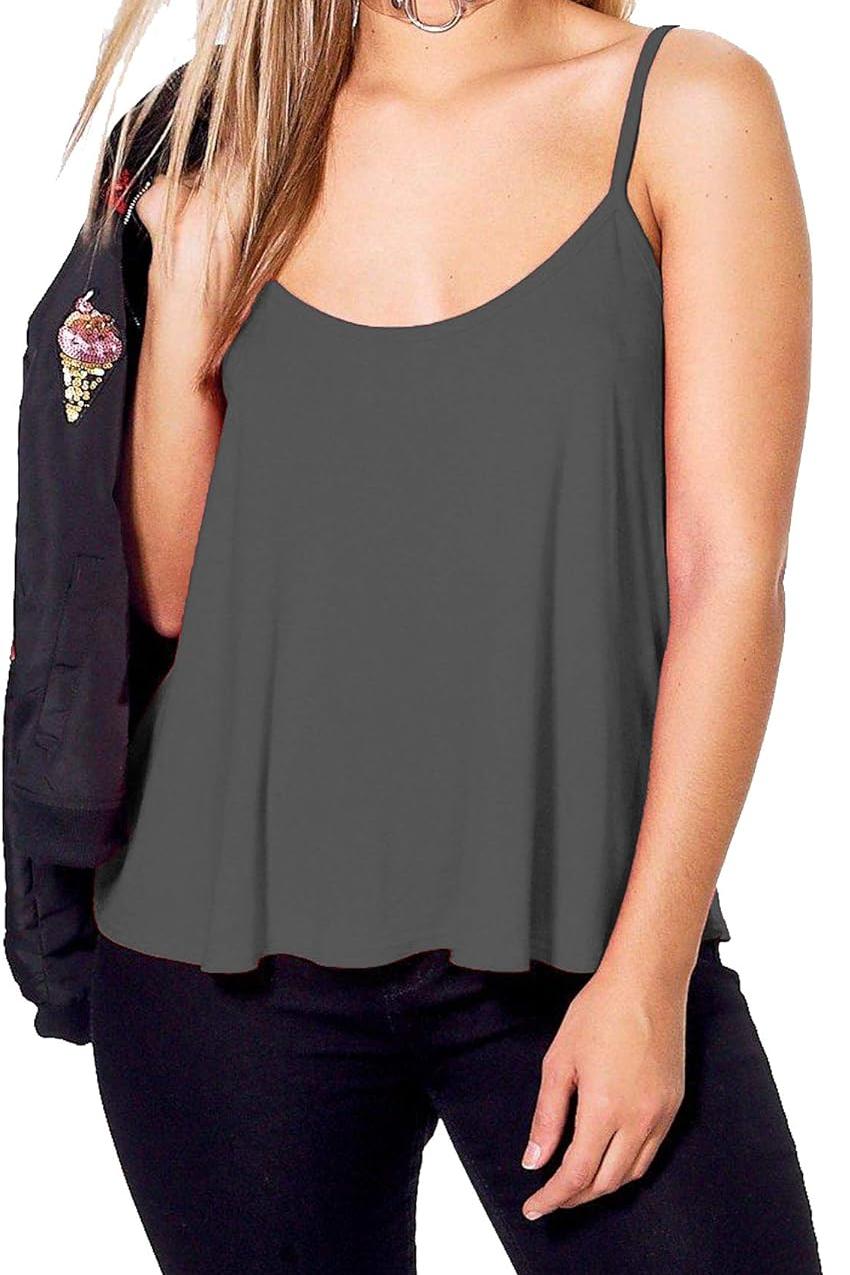 Plus Size Cami Strappy Sleeveless Swing Vest Top Tops WearAll Dark Grey 16-18