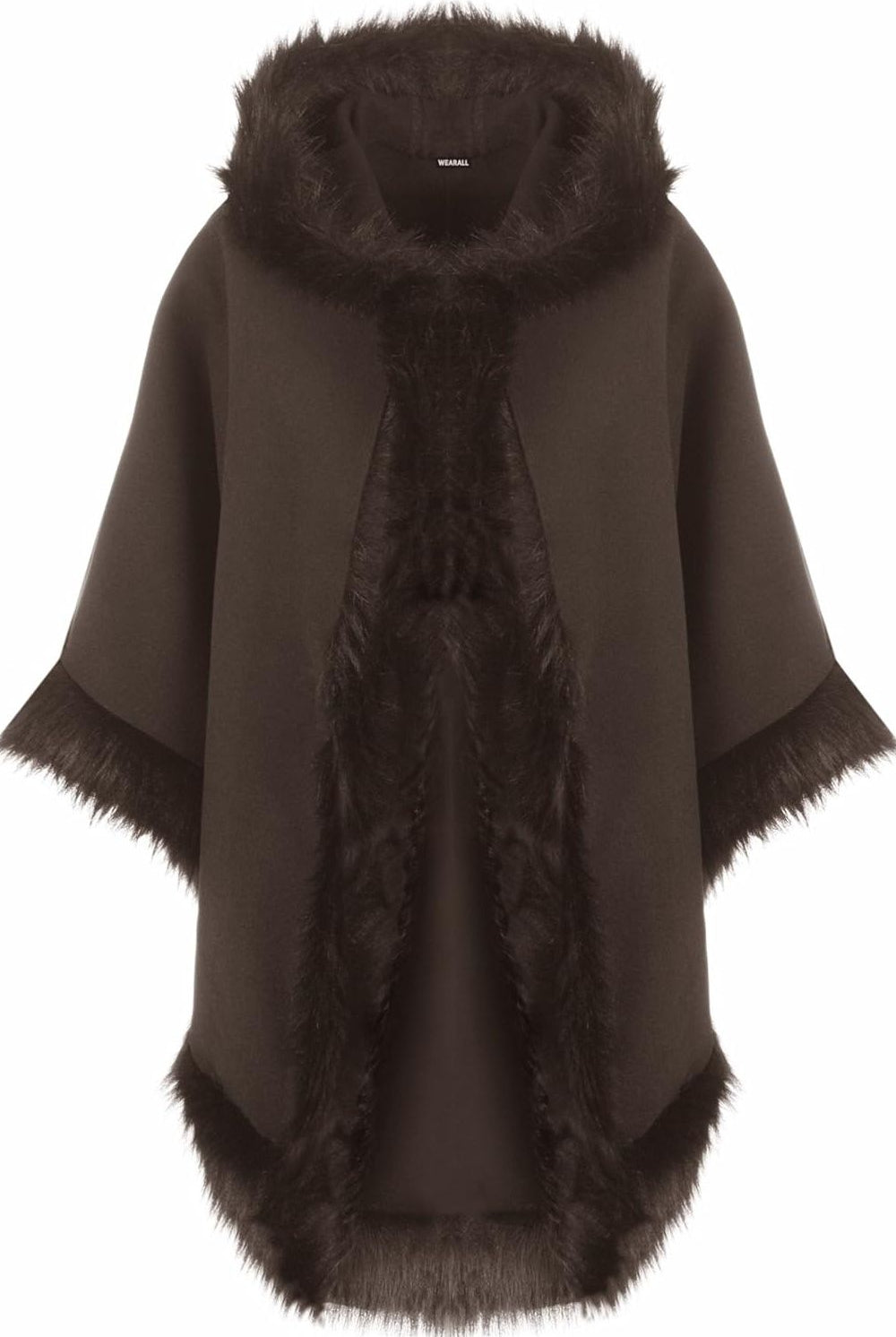 Faux Fur Trim Hood Cape Tops WearAll Dark Brown One Size