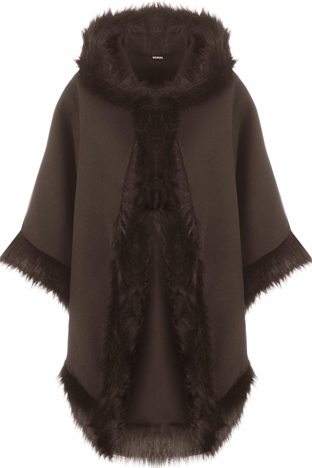 Faux Fur Trim Hood Cape Tops WearAll Dark Brown One Size