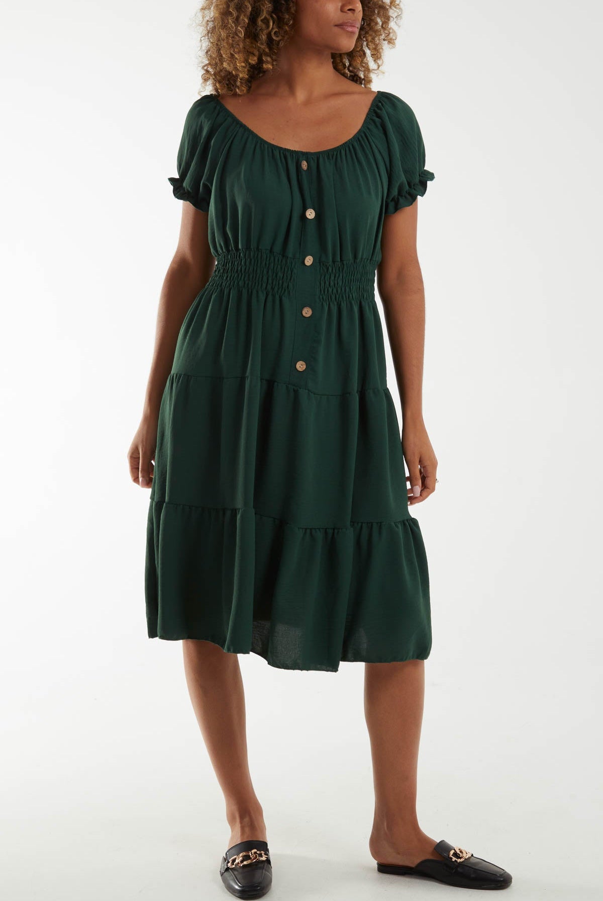 Bardot Shirred Bodice Tiered Dress Dresses WearAll Bottle Green One Size