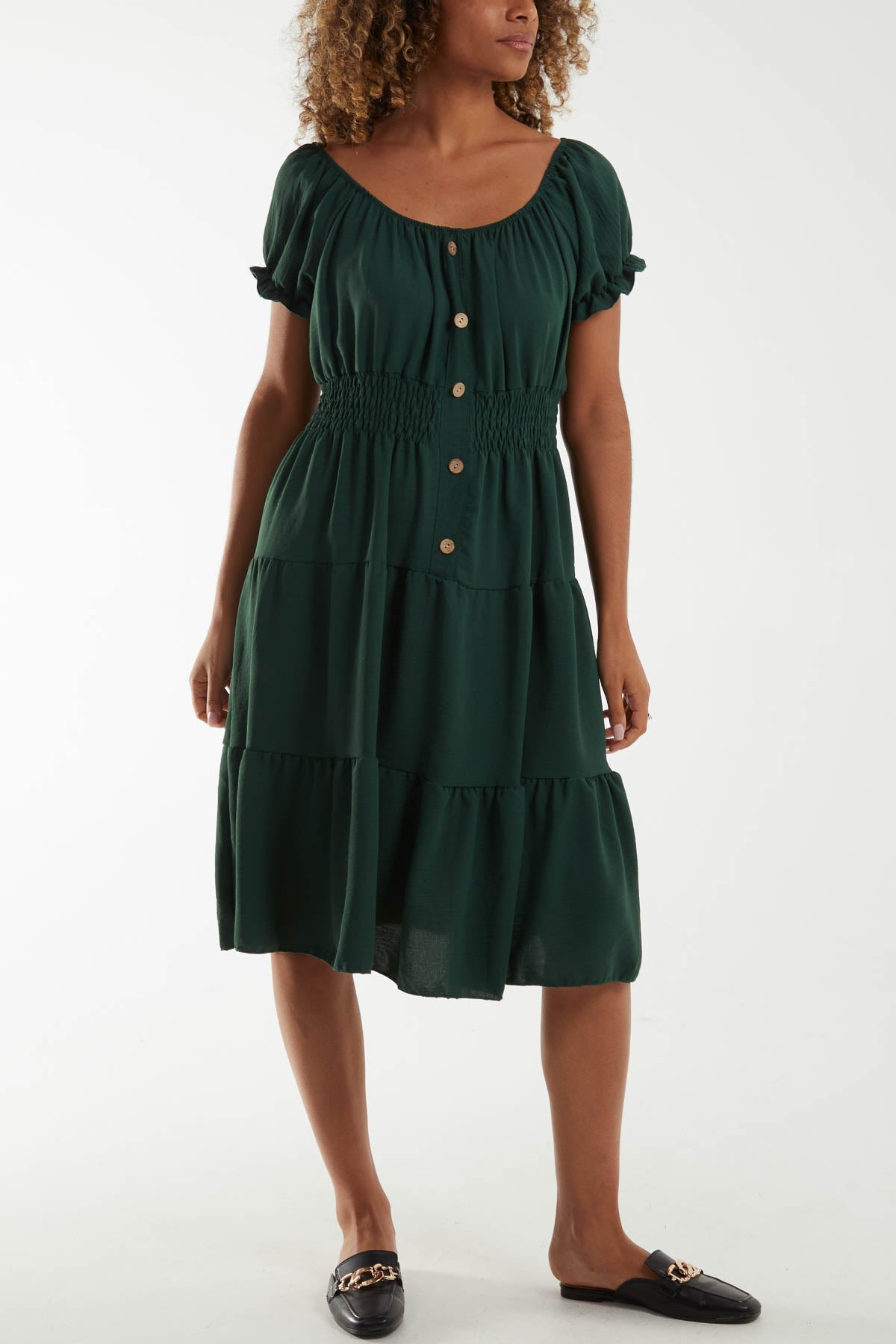 Bardot Shirred Bodice Tiered Dress Dresses WearAll Bottle Green One Size