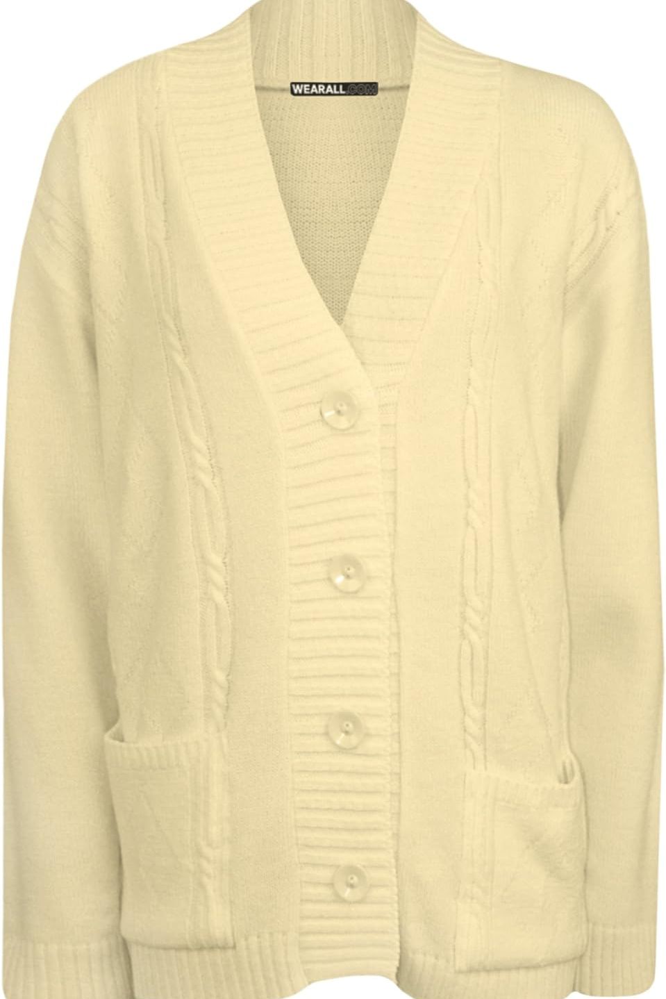 Plus Size Button Long Sleeve Pocket Knitted Cardigan Knitted Cardigan WearAll Cream 14-16