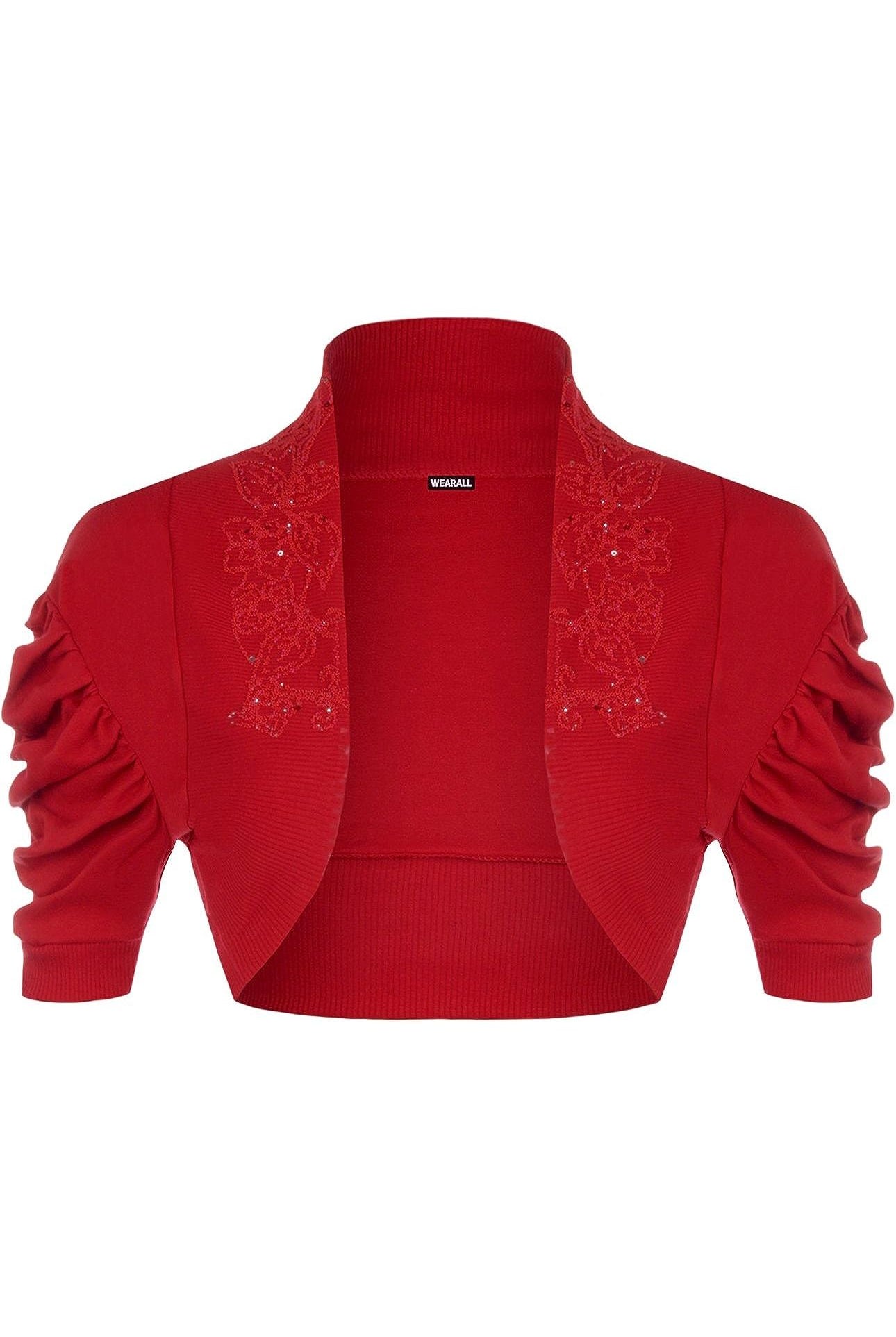 Puff Sleeve Beaded Shrug Tops WearAll Red 8-10