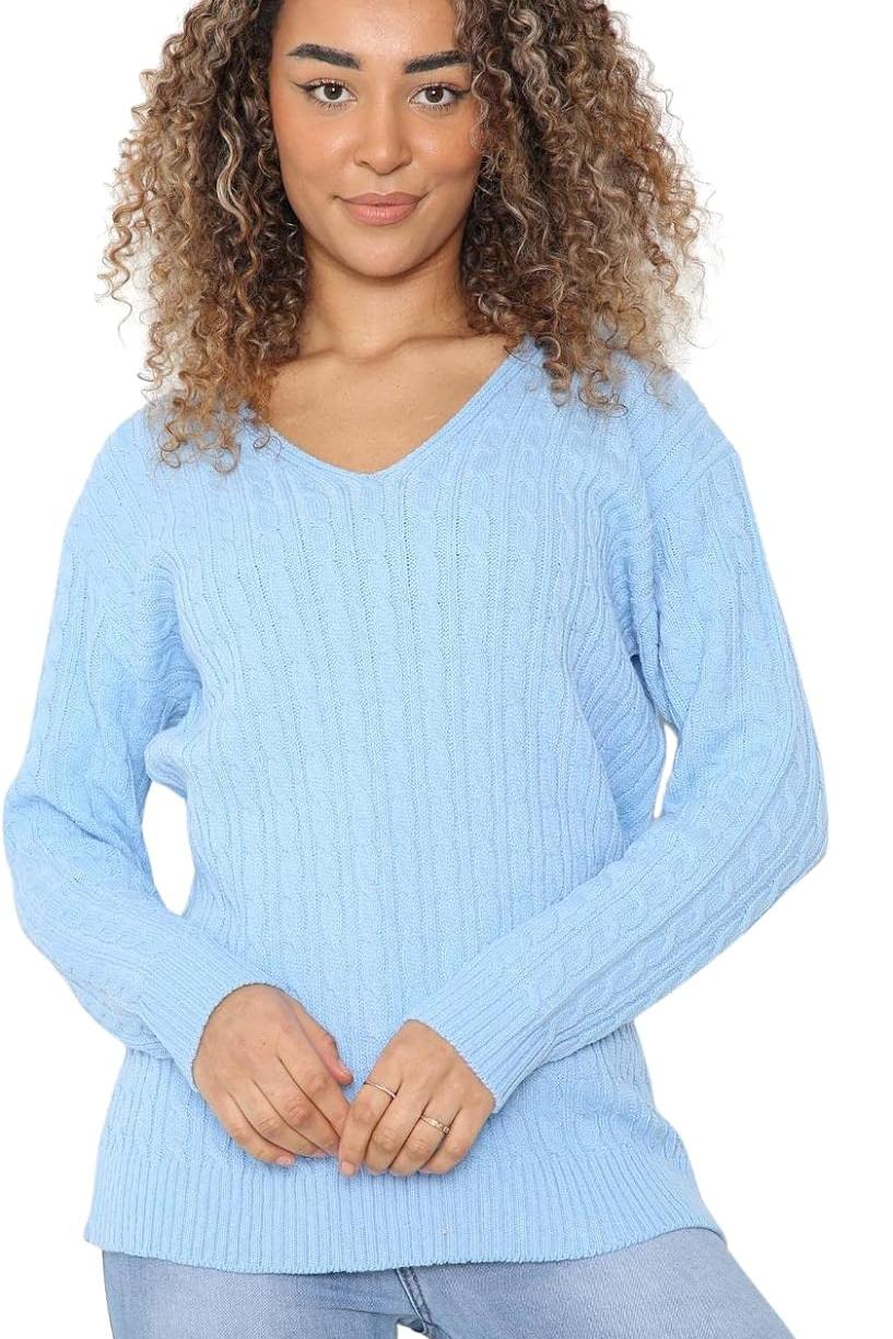 Cable Knitted V-Neck Sweater Top Tops WearAll Sky Blue 12-14