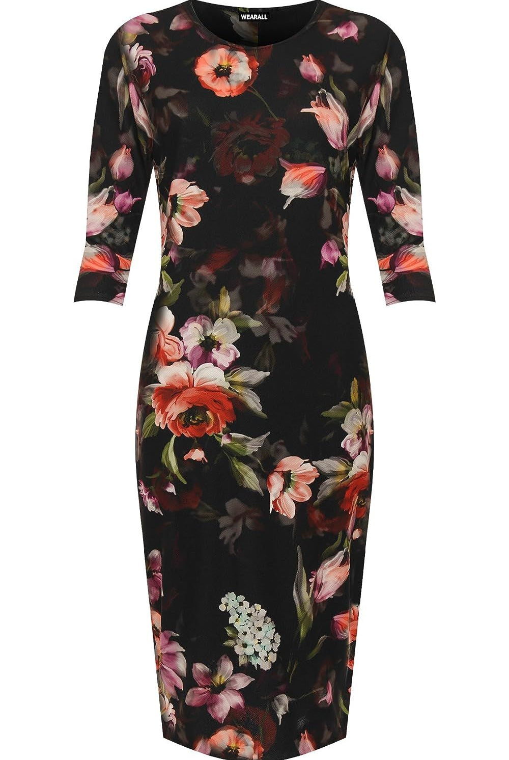 Floral Print Crepe New Ladies Bodycon Midi Dress Dress WearAll Black 14