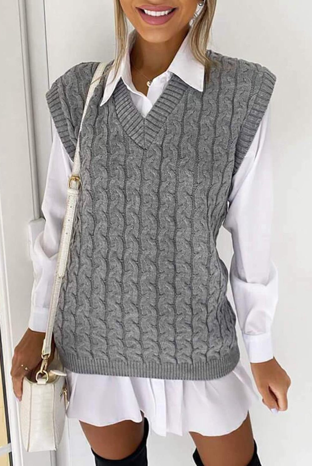 Plus Size Cable Knit Tank Top Jumper WearAll Silver 20-22