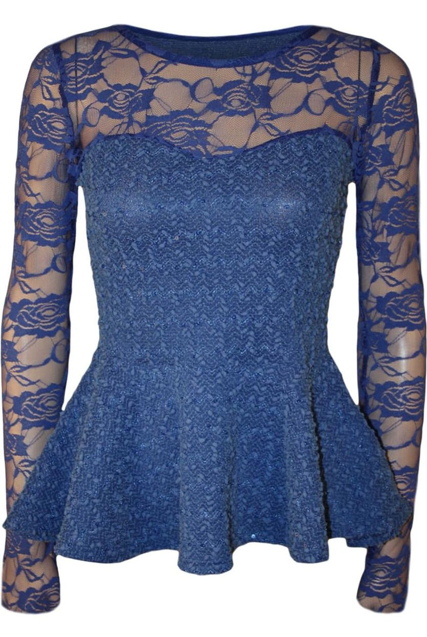 Peplum Popcorn Lace Sequin Top Tops WearAll Royal Blue 8-10