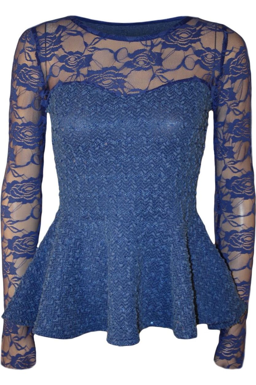 Peplum Popcorn Lace Sequin Top Tops WearAll Royal Blue 8-10