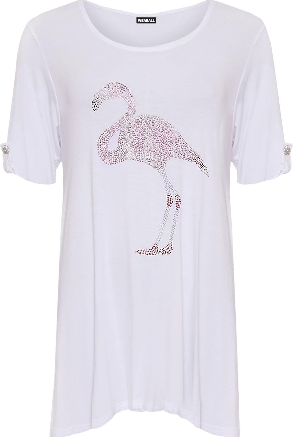 Diamante Flamingo Top Print Short Flared T-Shirt Tops WearAll White 14