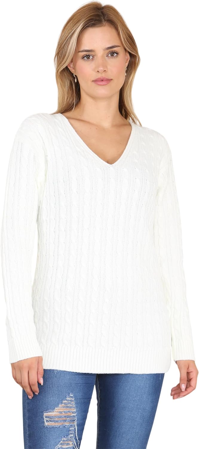 Cable Knitted V-Neck Sweater Top Tops WearAll Cream 12-14