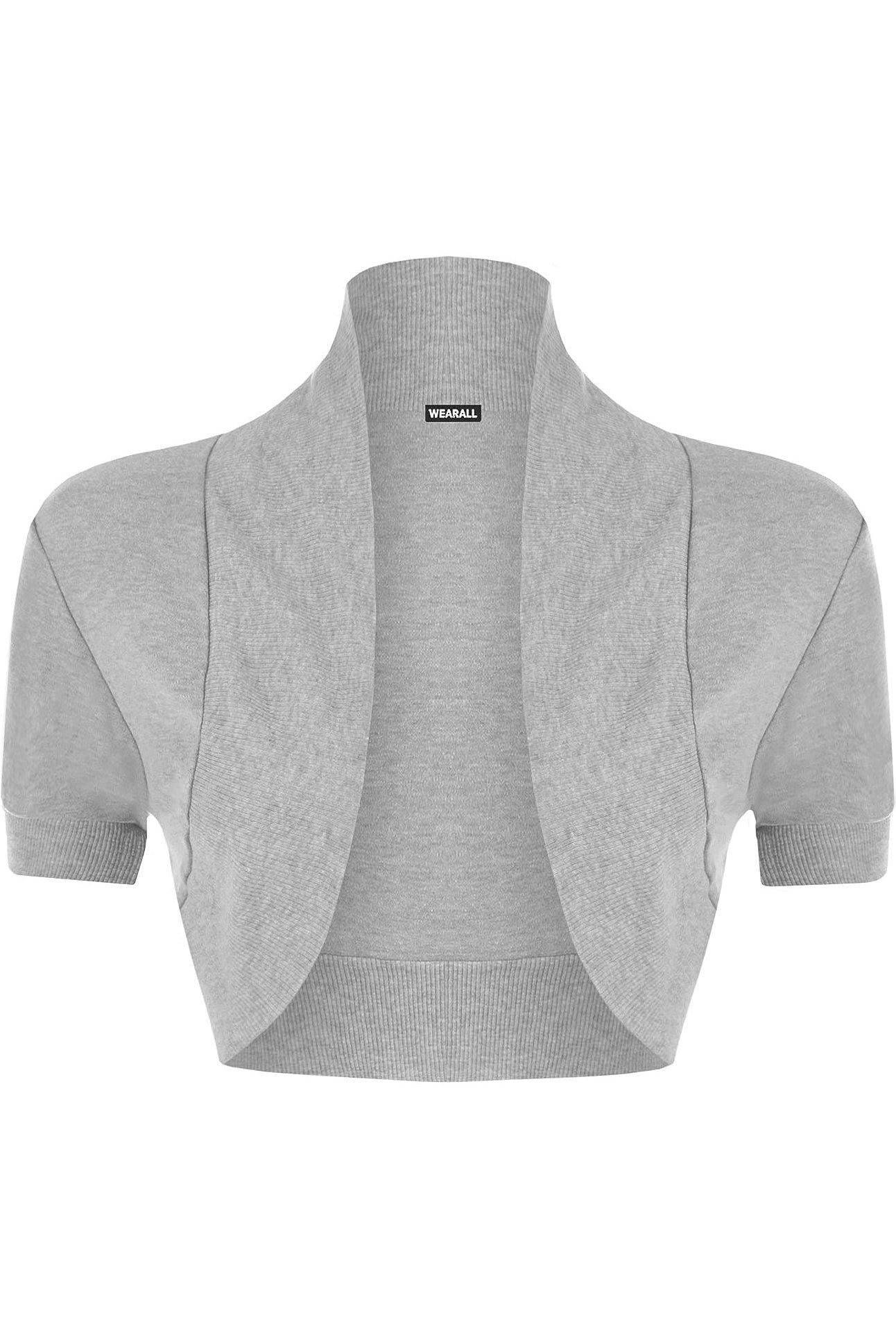 Short Sleeve Ribbed Bolero Shrug Tops WearAll Light Grey 8-10