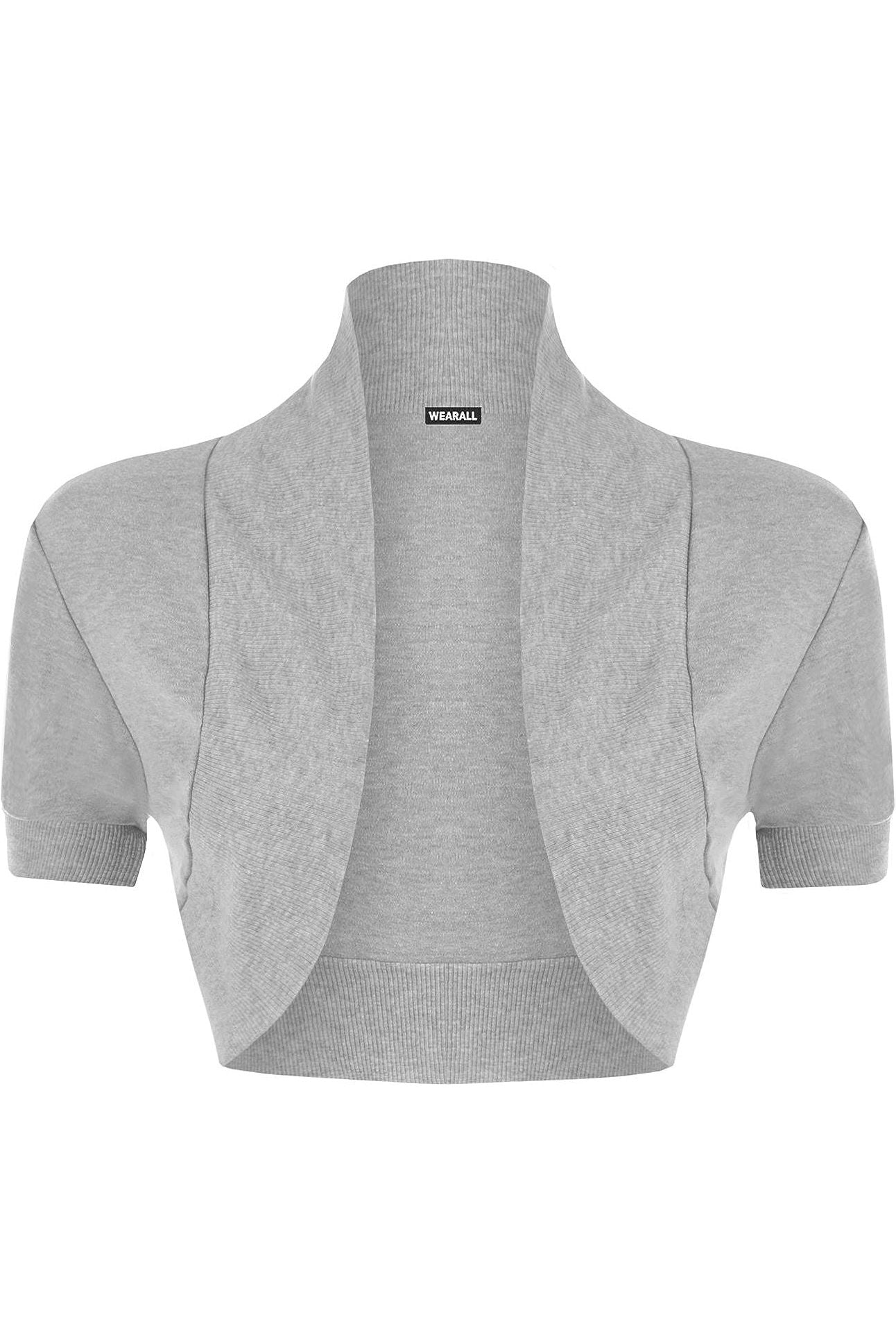 Short Sleeve Ribbed Bolero Shrug Tops WearAll Light Grey 8-10