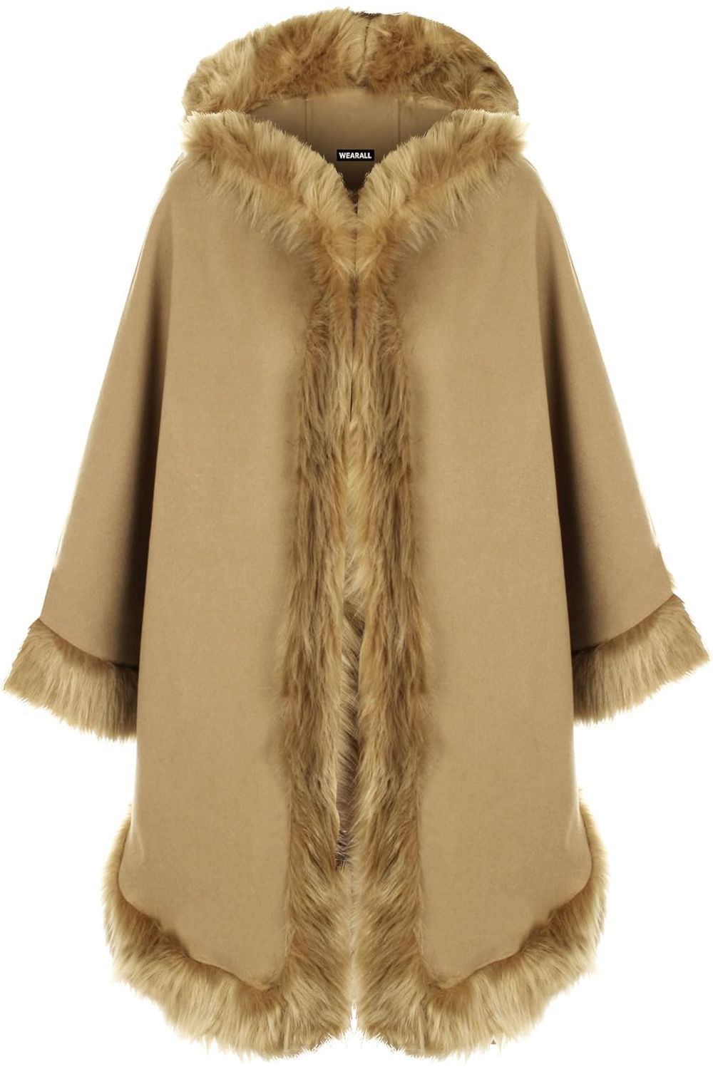 Faux Fur Trim Hood Cape Tops WearAll Camel One Size