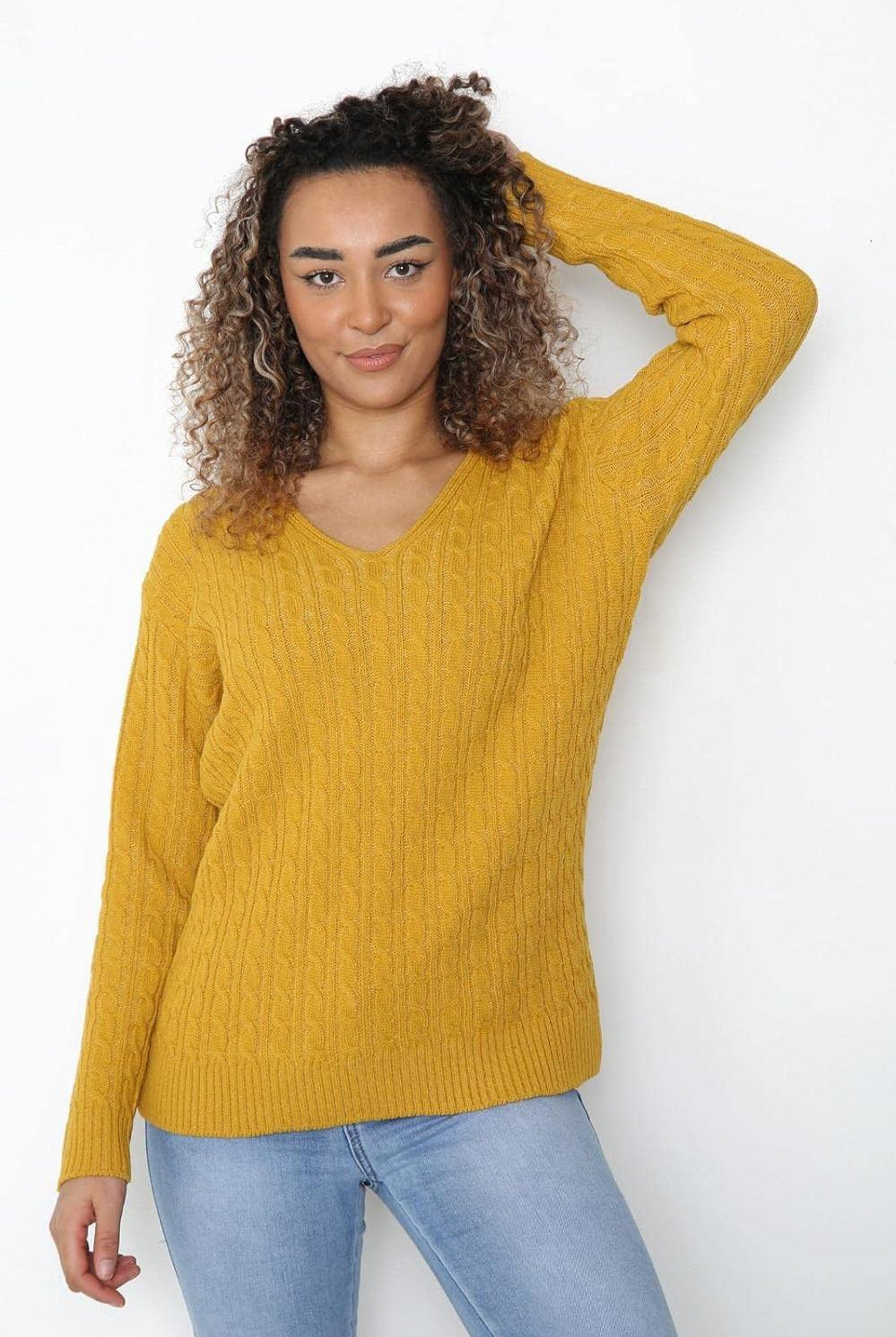 Plus Size Cable Knitted Sweater Top Tops WearAll Mustard 16-18